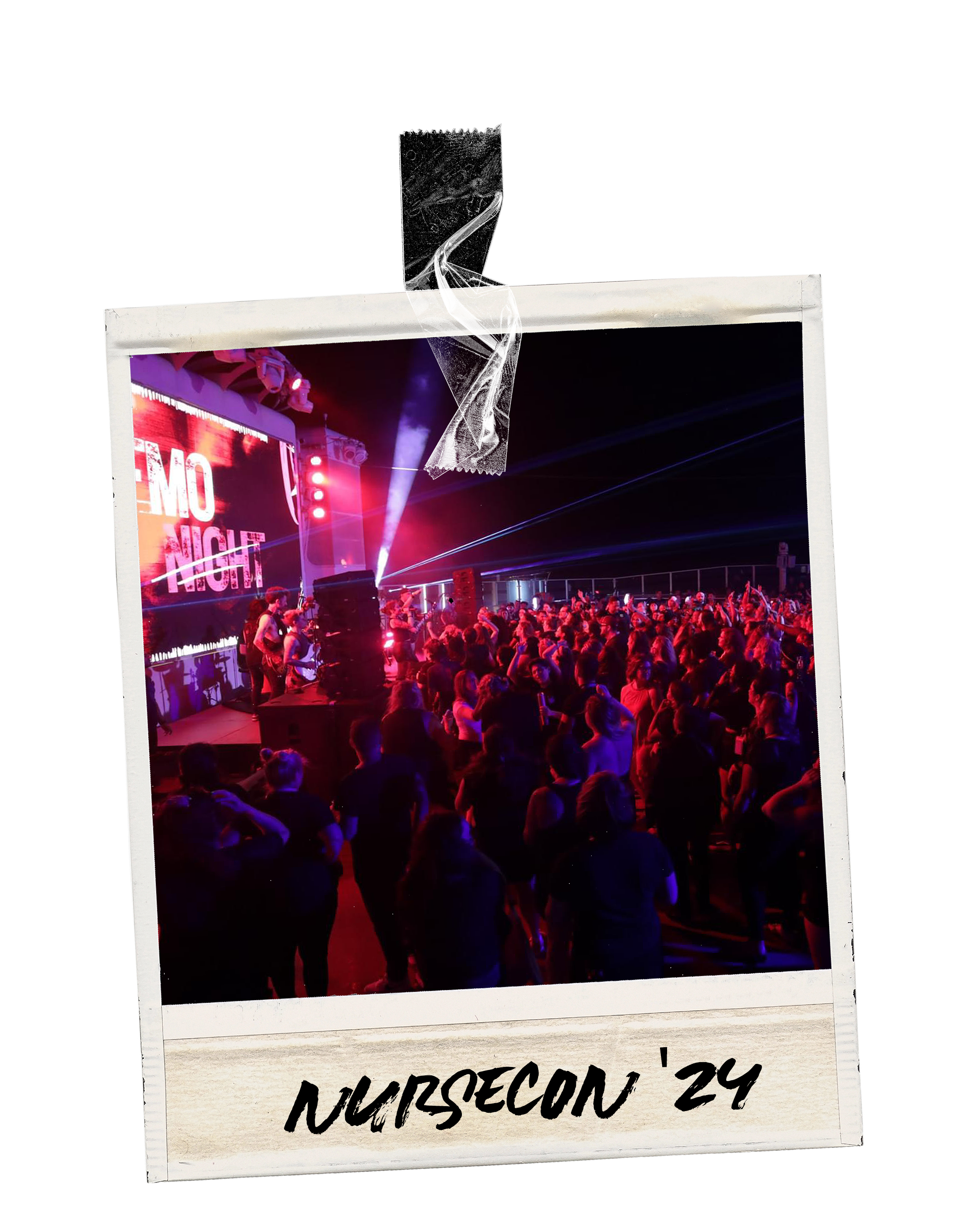 Photo of a crowded concert or party scene with colorful lighting, a stage with performers, and a large digital screen displaying 'TMO NIGHT.' The photo has a white border resembling a Polaroid with the handwritten caption 'NURSECON '24' at the bottom