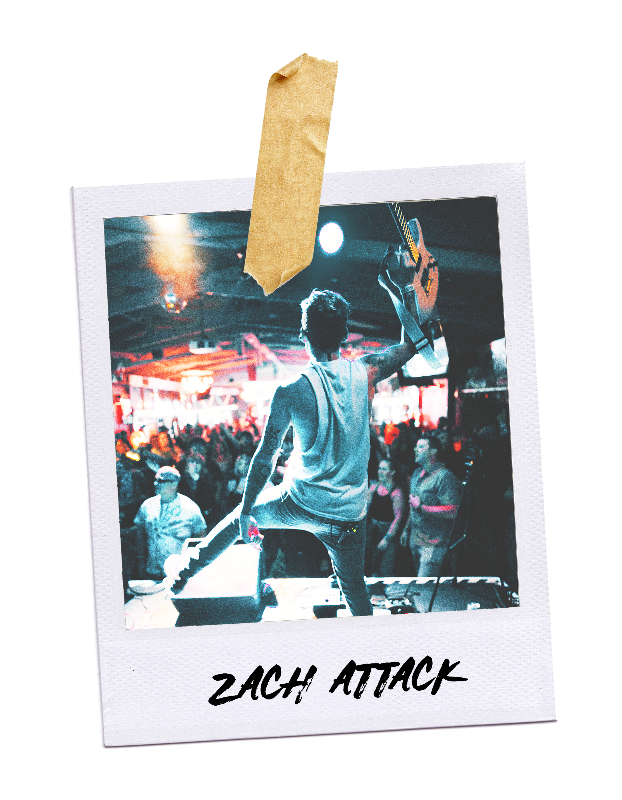 Polaroid-style photo of a DJ performing at Zach Attack, with a crowd in a club setting and the DJ holding a guitar, taped onto a black background.