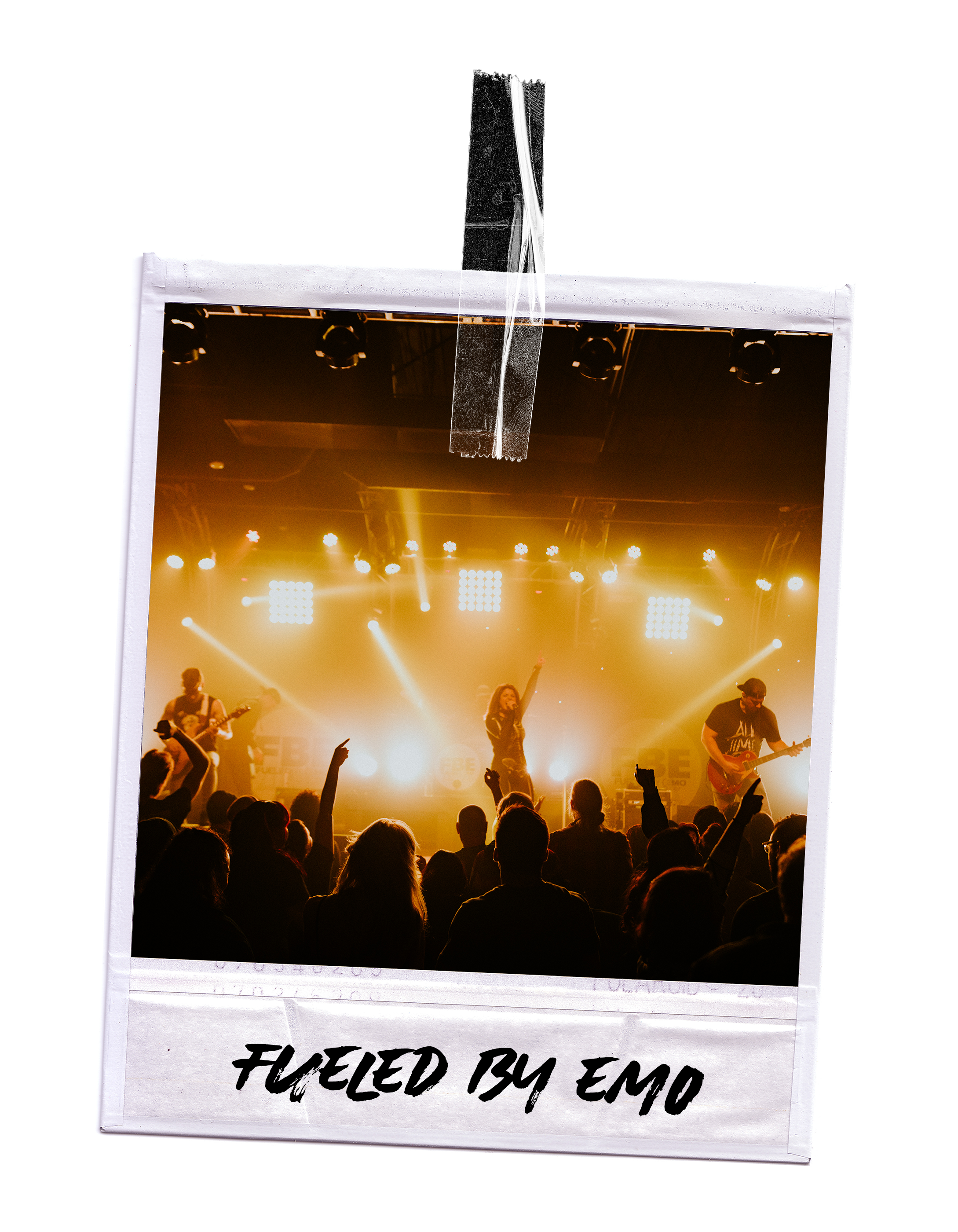 Photograph of a concert with musicians performing on stage illuminated by colorful lights, viewed from the audience.