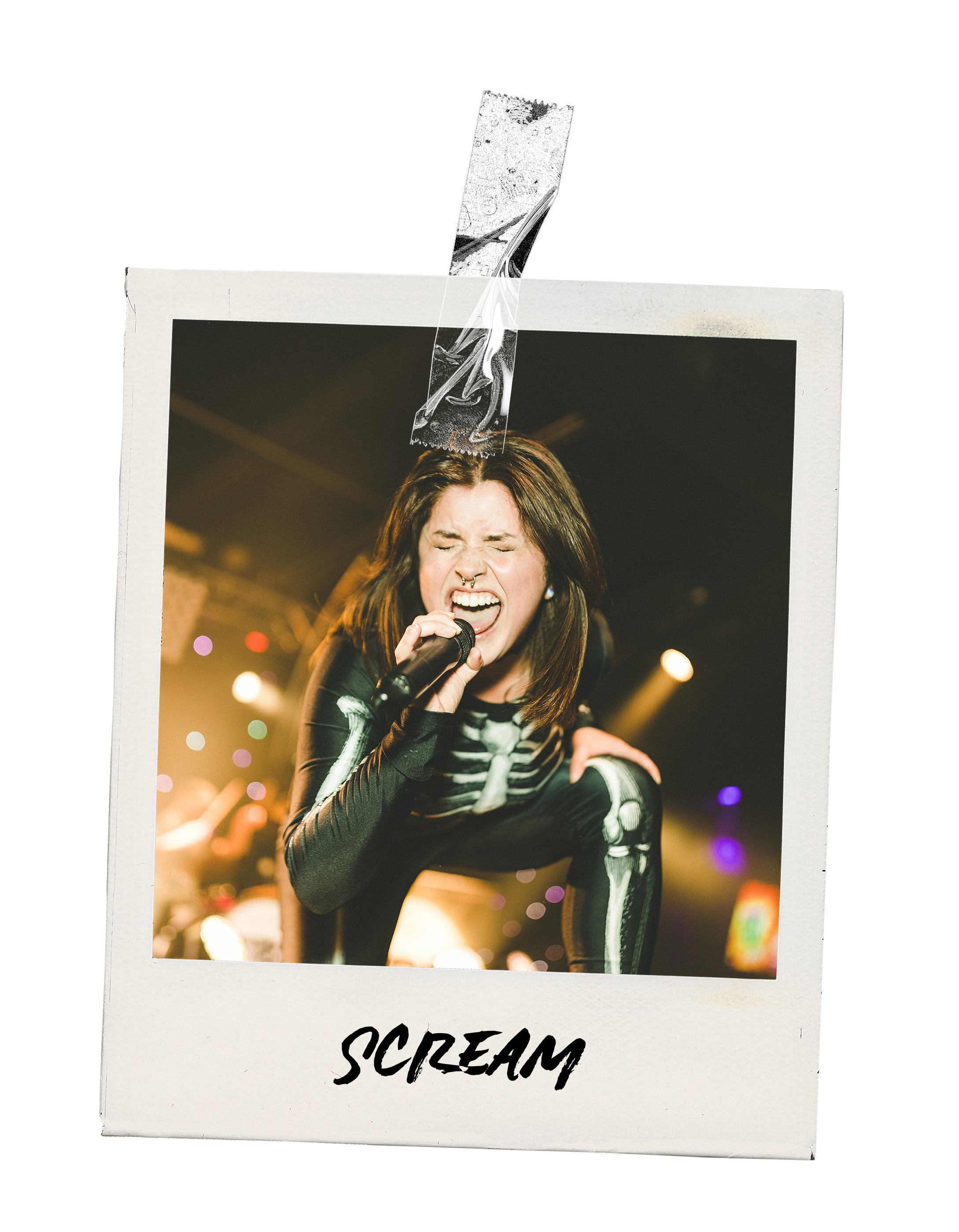 A woman singing passionately into a microphone on stage, wearing a skeleton costume, with the word 'SCREAM' written at the bottom of a Polaroid-style photo.