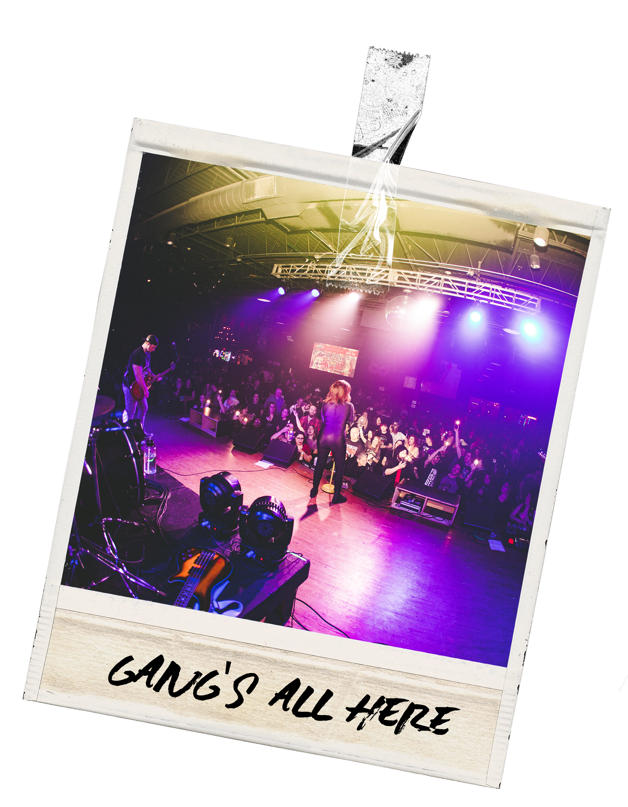 A live music performance on stage with a singer and guitarist in front of a cheering crowd, illuminated by vibrant purple and blue stage lights, in an indoor concert venue.