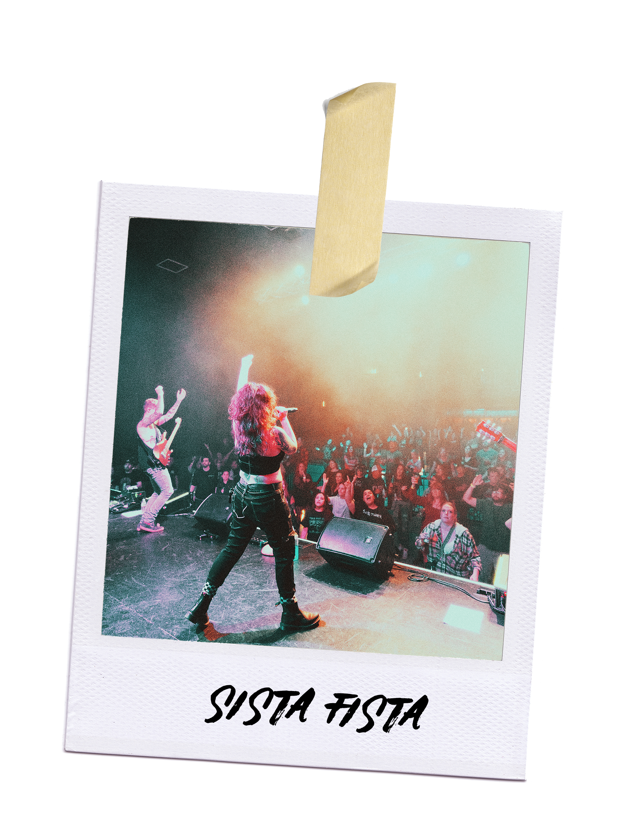 A female singer and band performing on stage in front of a crowd at a concert, with the caption 'SISTA FISTA' written at the bottom of the Polaroid-style photo.