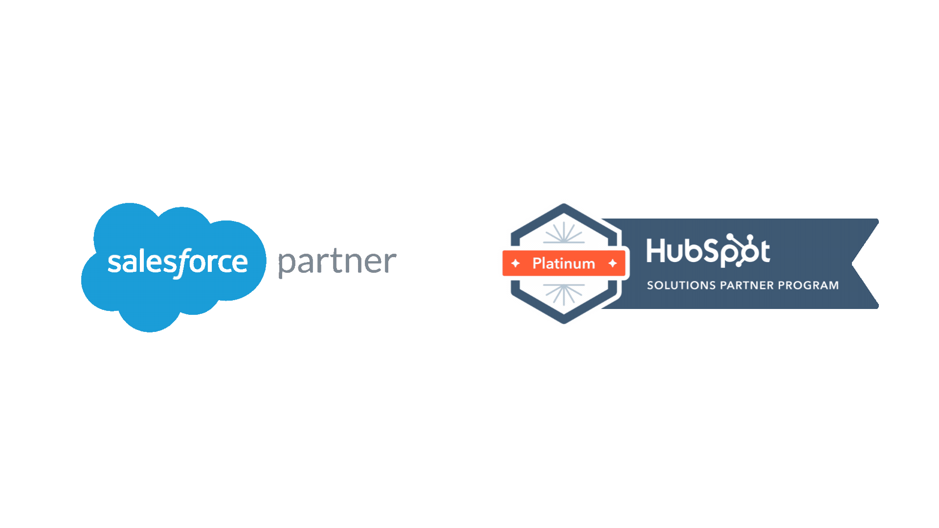 RevOps consulting services, Salesforce partner and HubSpot Solutions Partner Program logos  featuring the Salesforce cloud logo on the left, a platinum badge in the center, and the HubSpot logo on the right and GTM engine