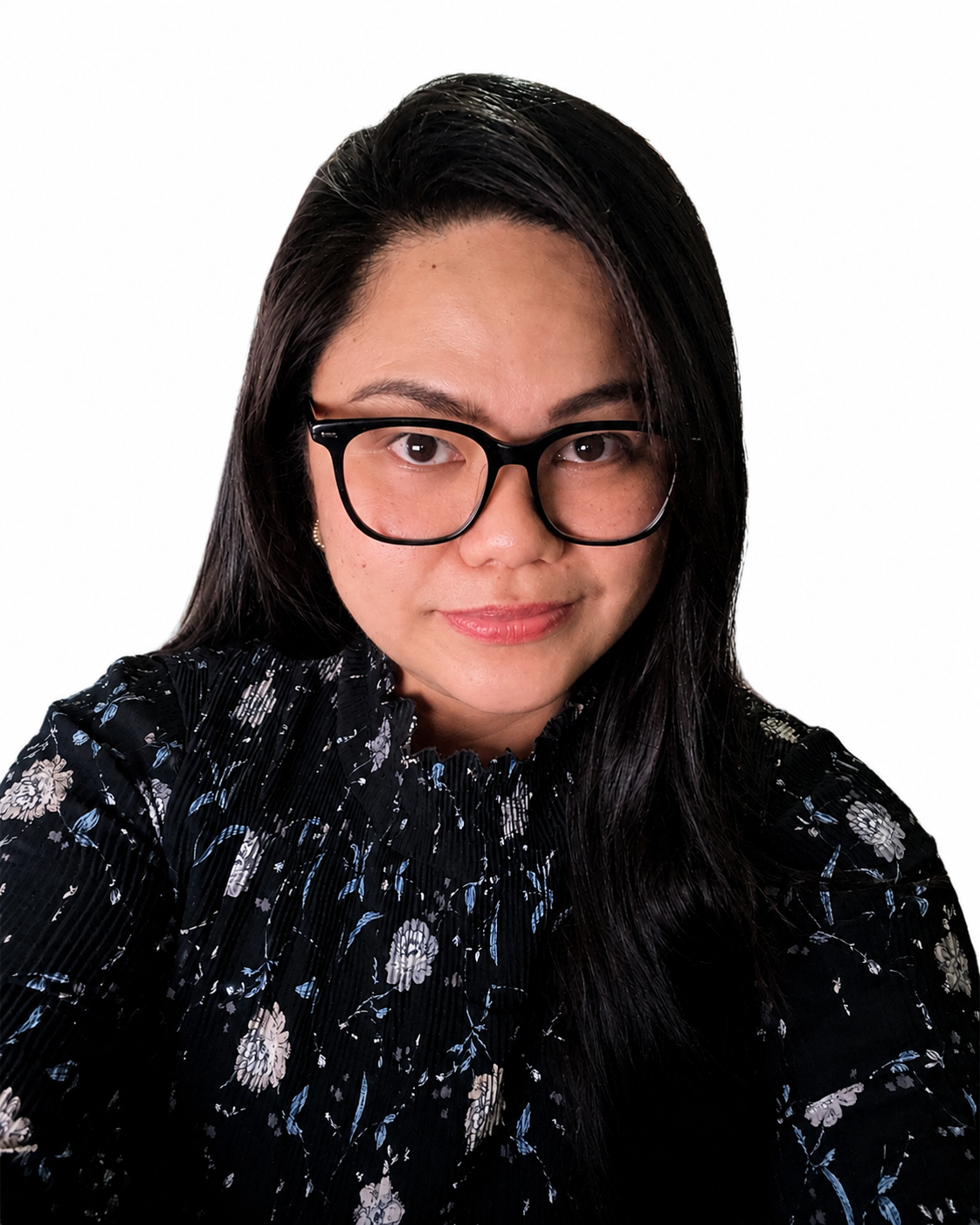 A woman with long dark hair, glasses, and a confident smile.