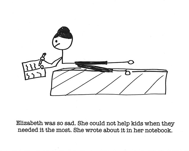 Elizabeth was so sad. She could not help. kids when they needed it the most. She wrote about it in her notebook.