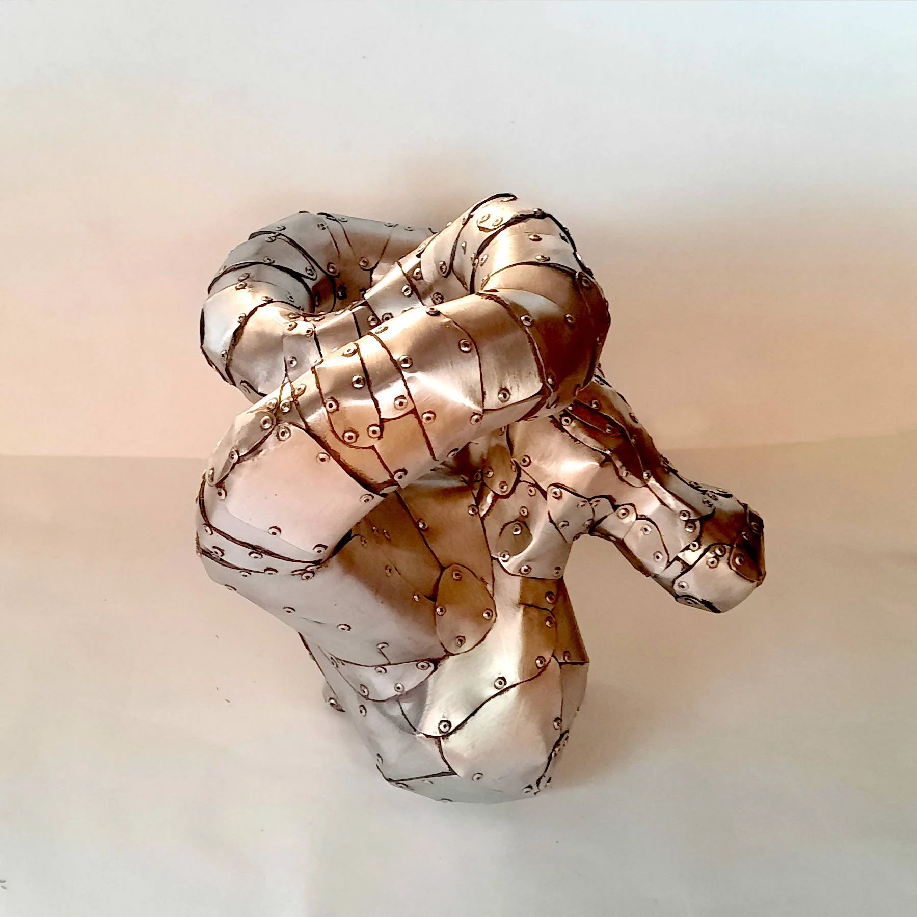 An aspect of a sculpture made of riveted aluminium by Stephen Bond entitled Lump Loop No 4