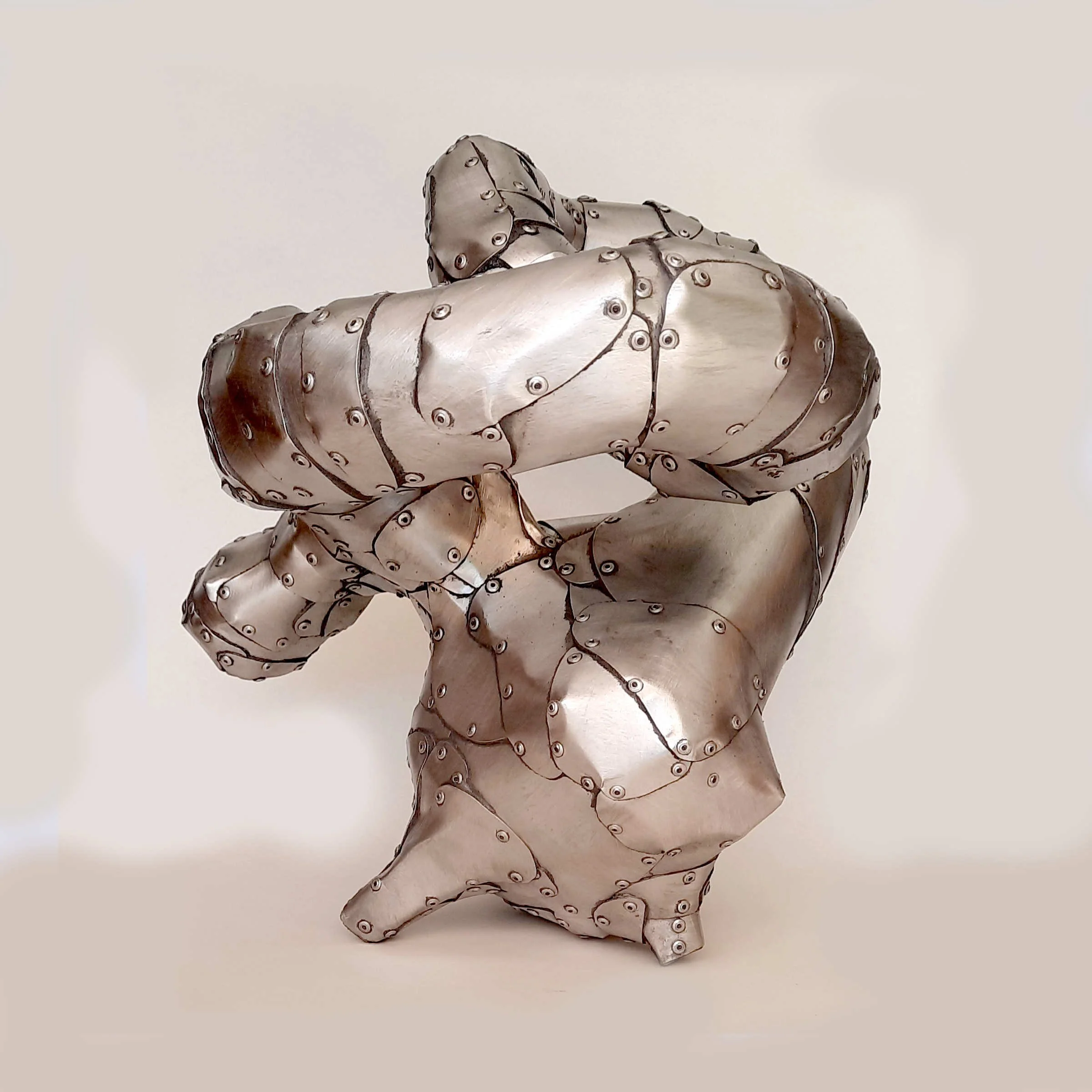 An aspect of a sculpture made of riveted aluminium by Stephen Bond entitled Lump Loop No 4