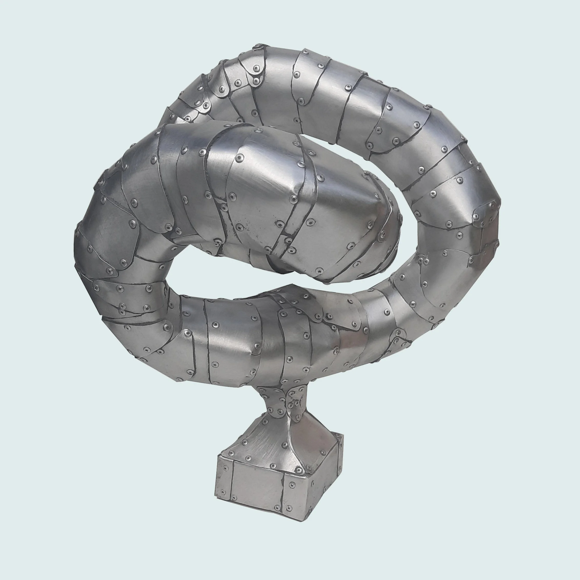 An aspect of a sculpture made of riveted aluminium by Stephen Bond entitled Resilience