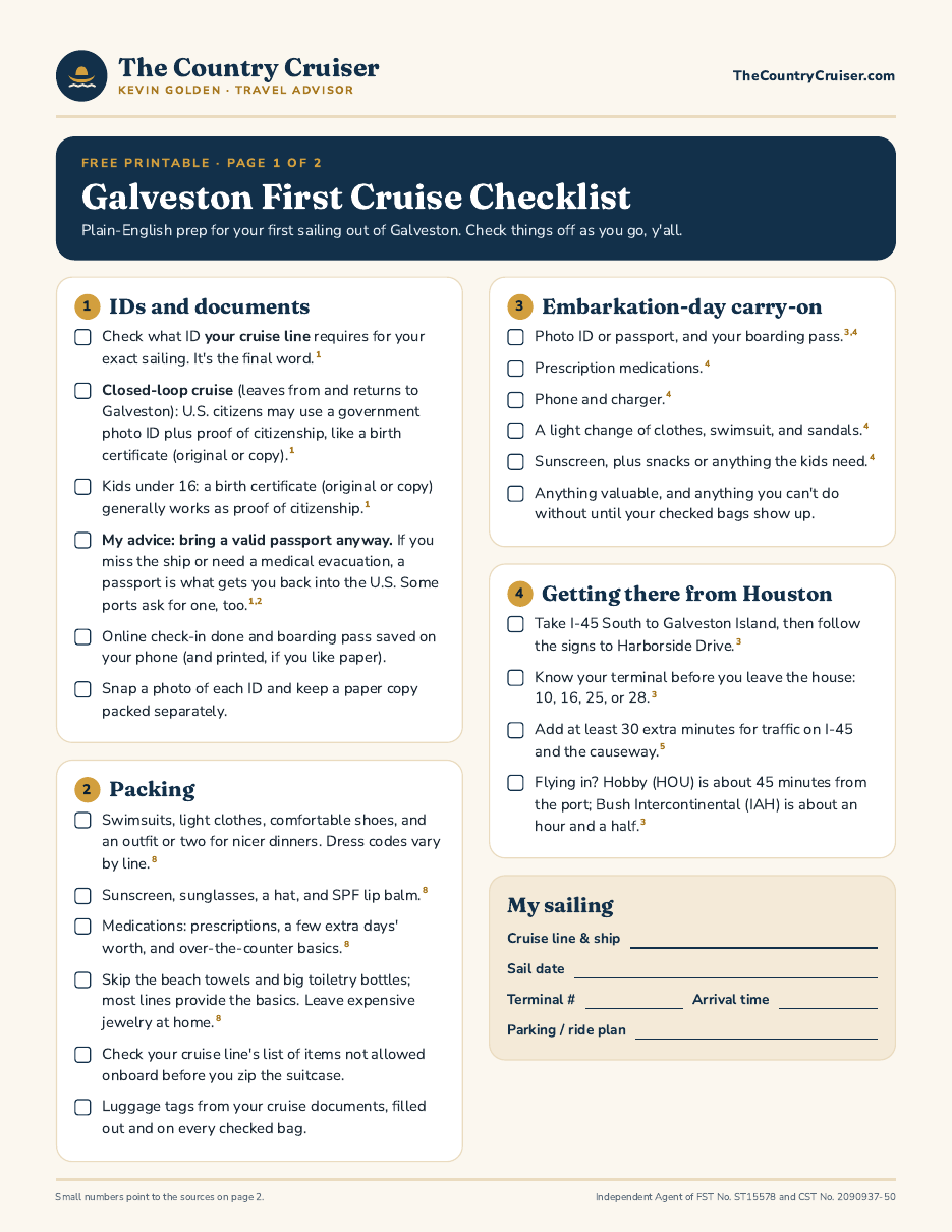 Page 1 of the Galveston First Cruise Checklist
