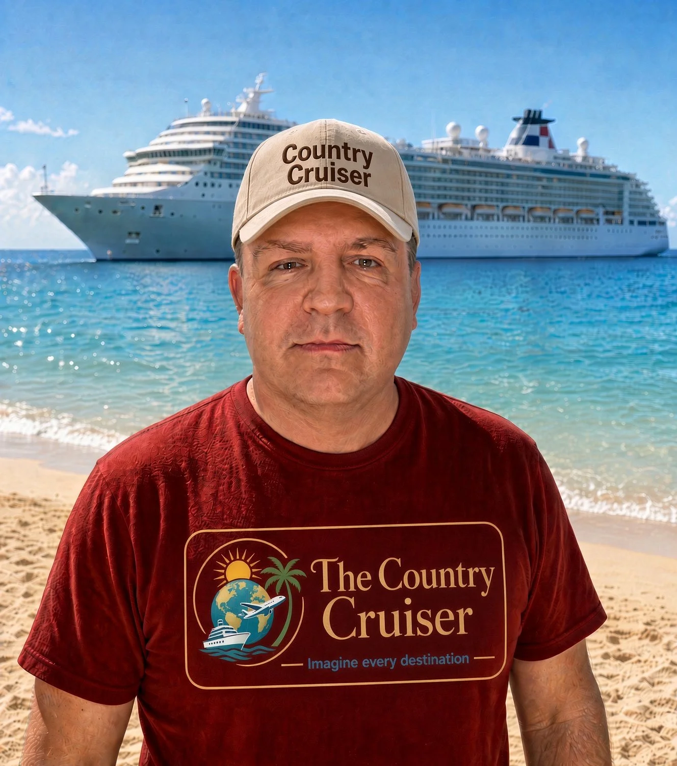 Kevin Golden in a tan cap and a red The Country Cruiser shirt on a beach, with a cruise ship behind him