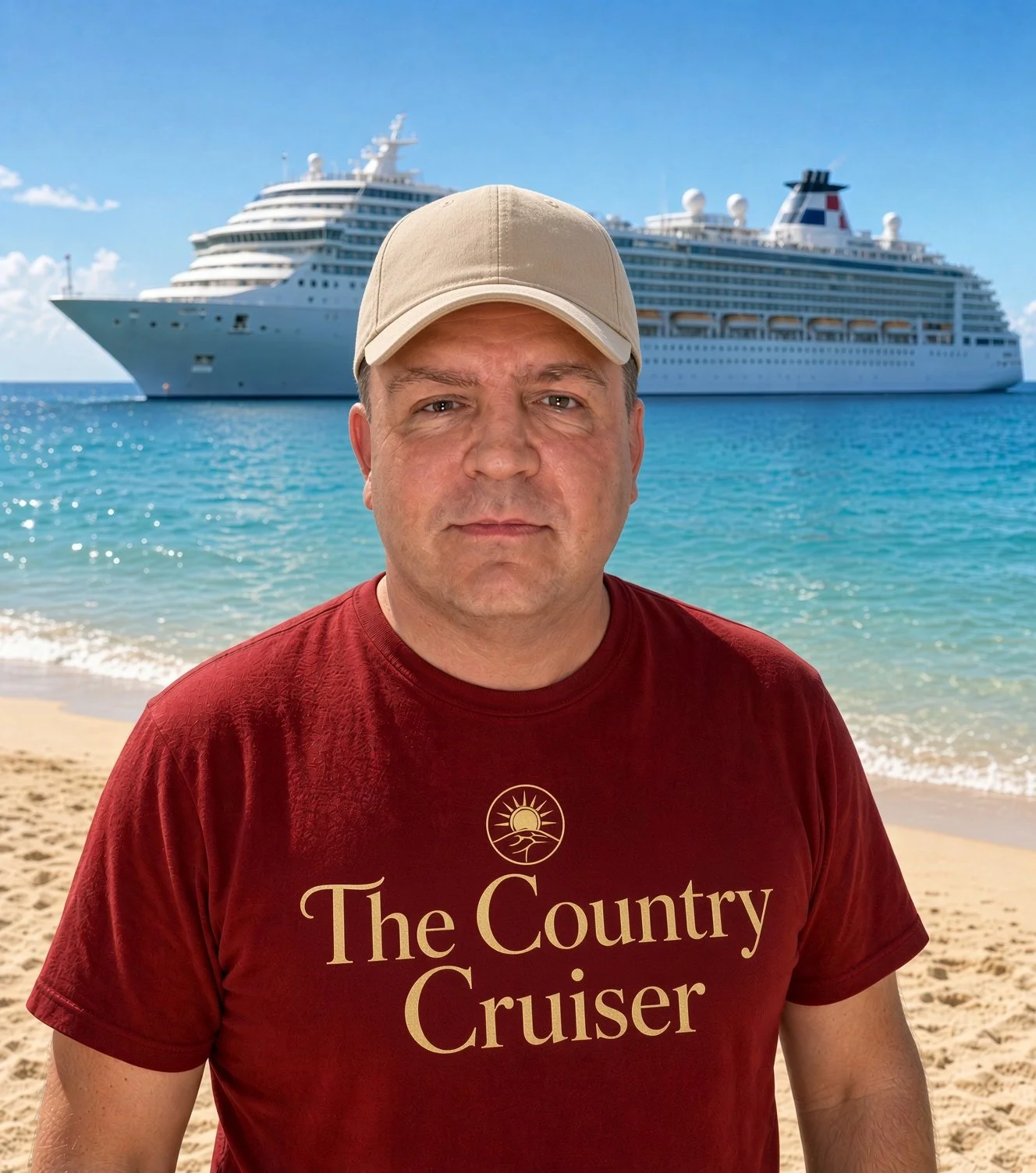 Kevin Golden in a tan cap and a red The Country Cruiser shirt on a beach, with a cruise ship behind him