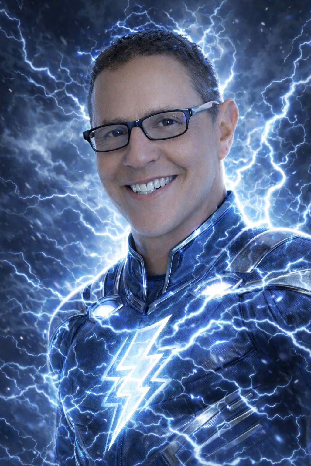 A person wearing a black and gold superhero costume with a golden emblem on the chest, standing in front of a golden background.