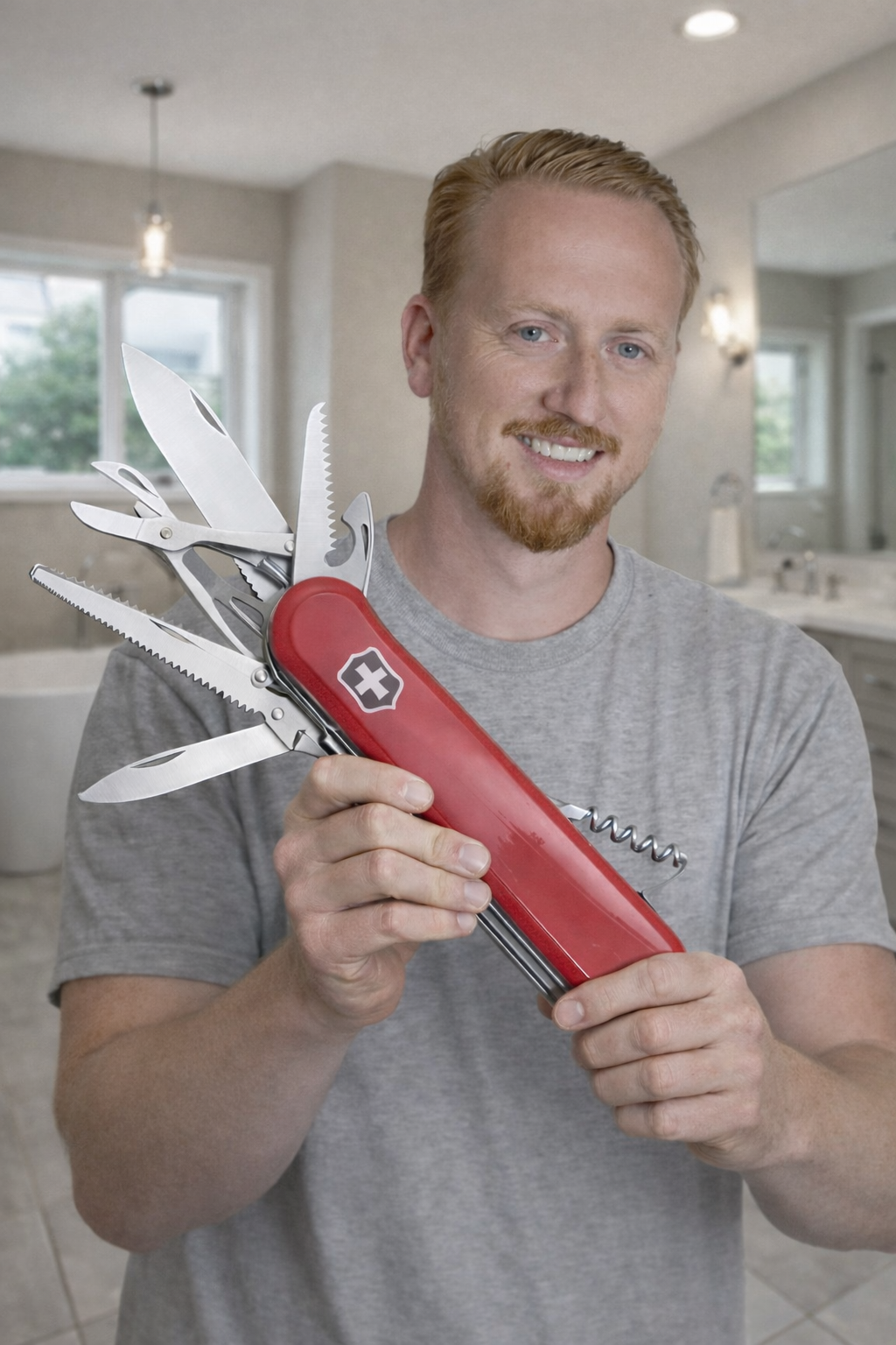 A young man with light skin, blue eyes, a beard, and slicked-back blonde hair is looking directly at the camera with a slight smile. He is dressed in a light gray shirt and a dark gray blazer, with a blurred warm light background.