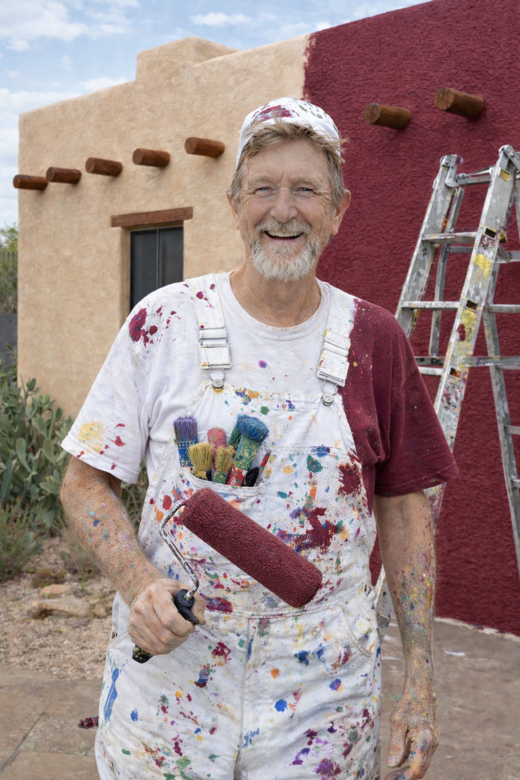 A smiling middle-aged man with brown hair and a blue button-up shirt standing in front of a yacht, with a mountain in the background.