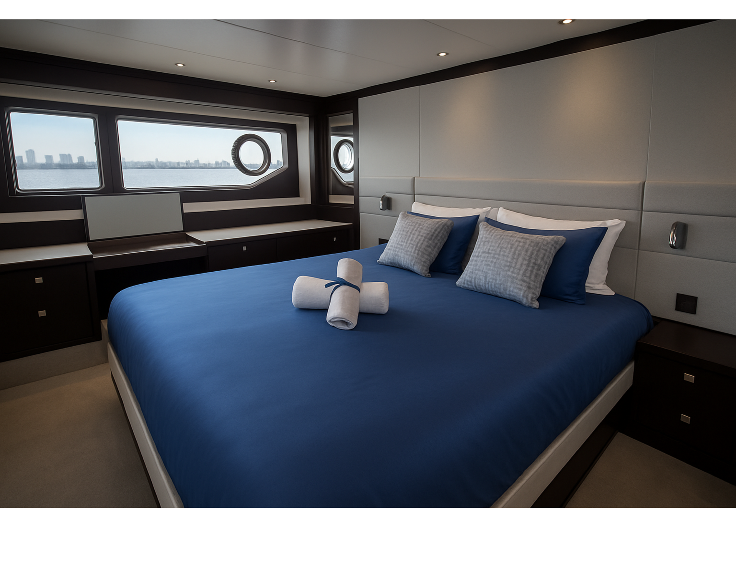 Interior of the master bedroom in the yacht with a large bed, navy blue bedding, gray and navy accent pillows, windows, and ocean view.