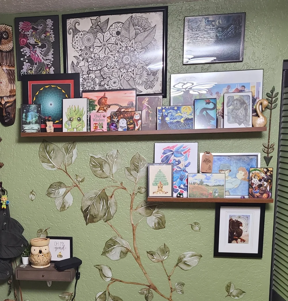 3 pieces  photo ledge set * - I have a ton of 2d art and this way nothing is permanently attached to the walls, so I can change things up when I want. I am was also able to condense and overlap pictures. What was once chaos everywhere is now nicely 