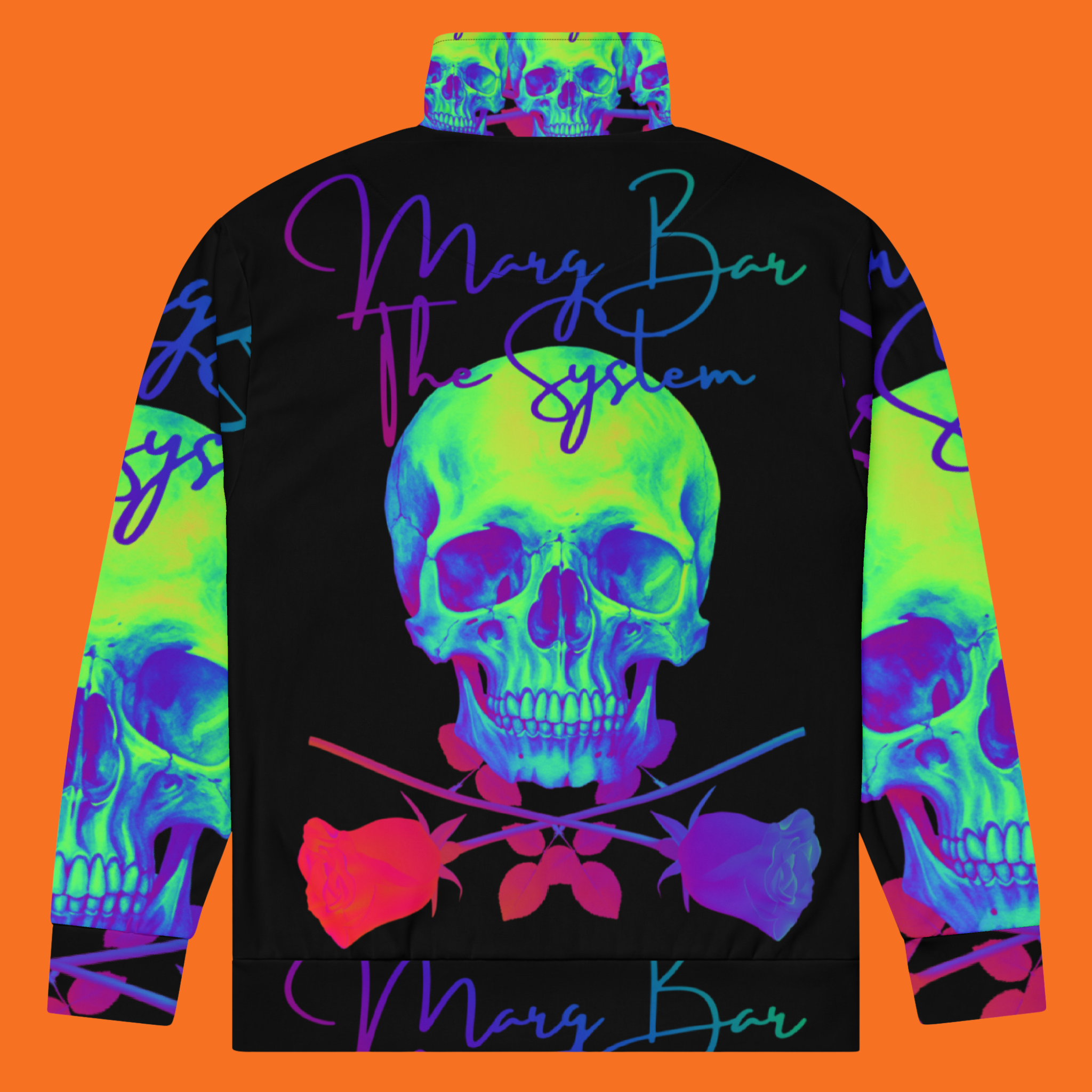 Colorful jacket with a large green and blue skull design, roses, and the words 'Marg Bar The System' on a pink background.