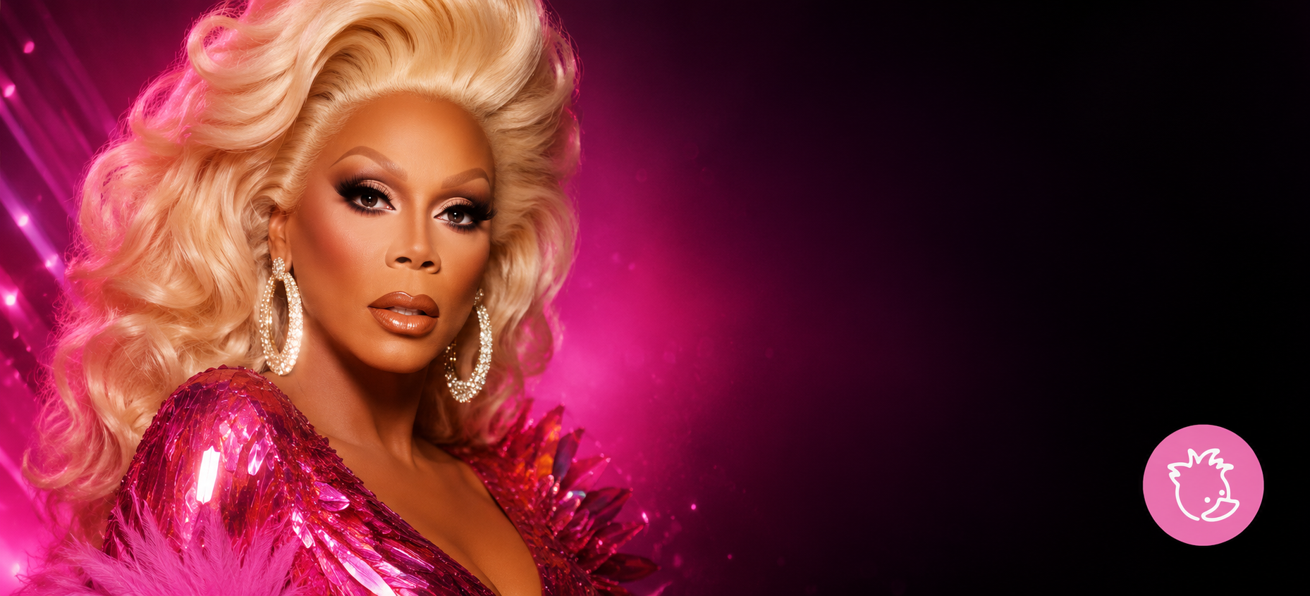 A woman with voluminous blonde hair, dramatic makeup, large pearl earrings, wearing a shiny pink sequined outfit with feather details, set against a pink and black background with sparkles.