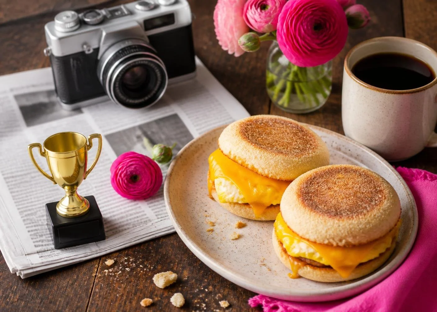 A plate with two breakfast sandwiches with egg and cheese, a mug of coffee, a small trophy, flowers, a vintage camera, and newspapers on a wooden table.