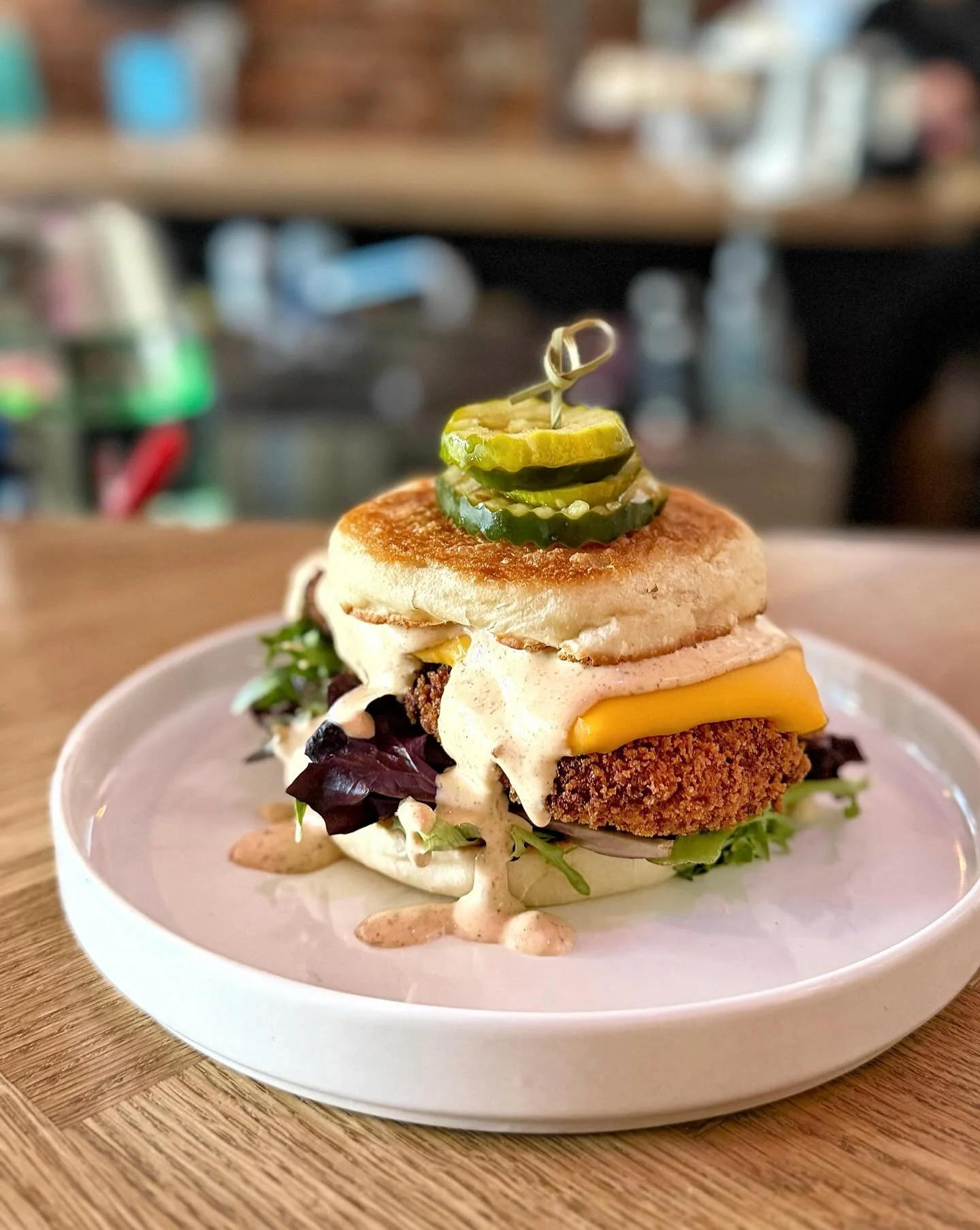 The Disco Ranch Chicken
Fried Marinated Chicken Breast , Jimmys Damn Good Ranch, Velveeta, Smoky Dill Pickles, Lettuce, Buttermilk Muffins
#getit #dance #chicken #sandwich #cheese #fried #portlandmaine