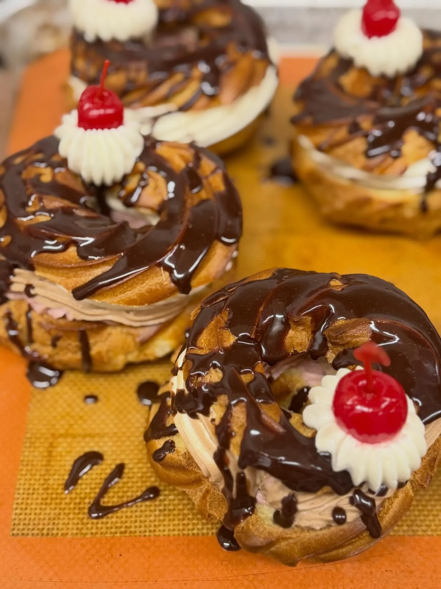 * Neapolitan Sunday * Strawberry- Vanilla- Chocolate all in a cream puff #hereforyou #pastry #breakfastofchampions