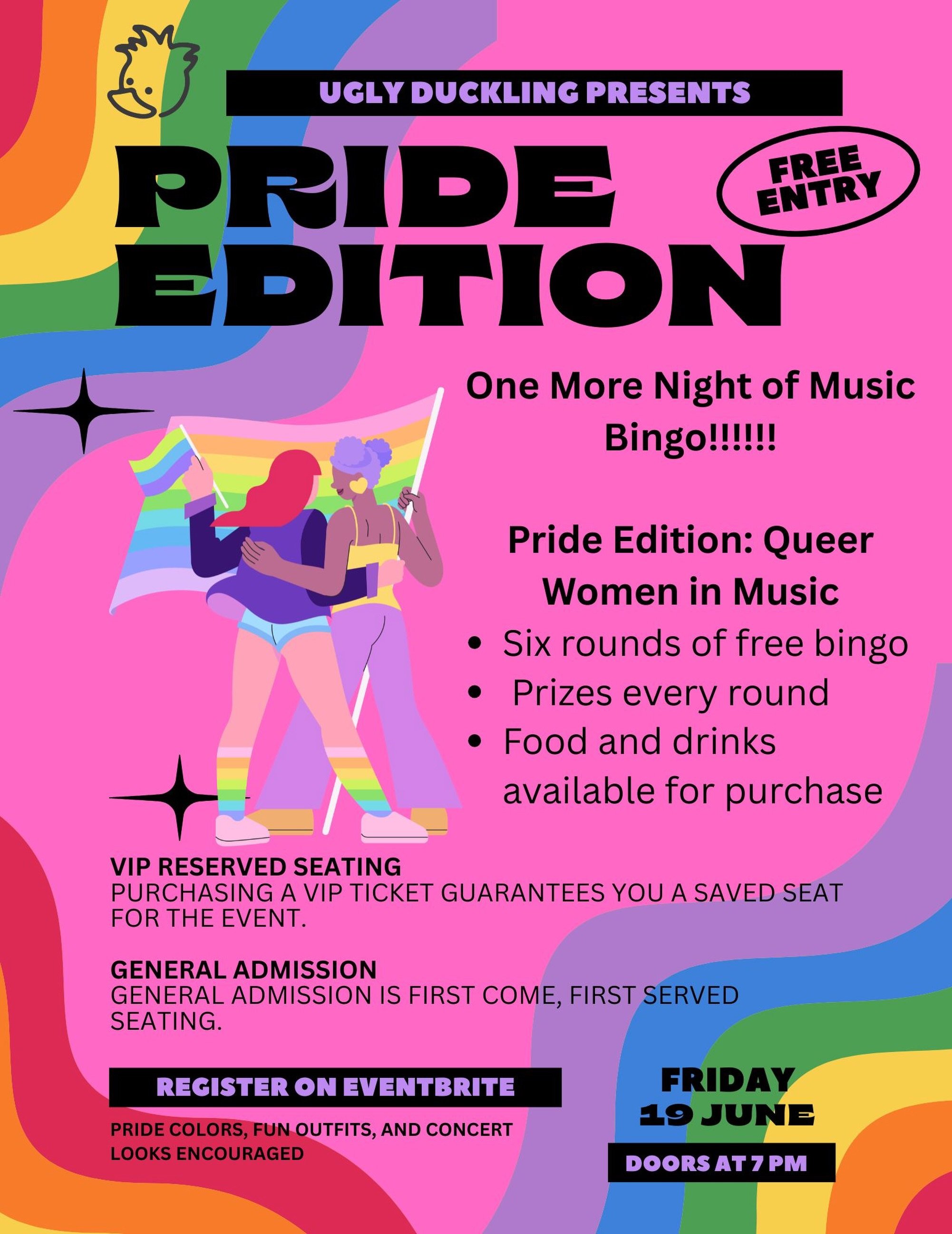 🌈🎶 PRIDE EDITION: Queer Women in Music 🎶🌈 

A night for equality + good vibes &mdash; all are welcome 💖🤝
You don&rsquo;t have to &ldquo;play bingo&rdquo; to come. Just show up, sing along, snack, sip, and celebrate 🎤🥂

✅ 6 rounds &bull; 🎁 pr