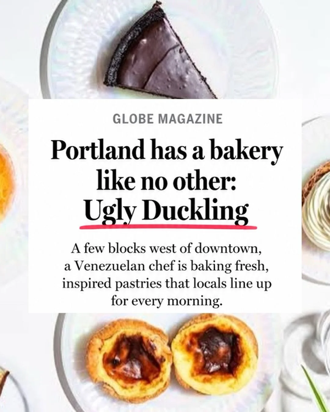 We&rsquo;re in The Boston Globe! 🗞️💗

So happy to see Ugly Duckling featured as part of Portland&rsquo;s bakery scene, and our past&eacute;is de nata recognized as one of the city&rsquo;s best.

Made fresh every morning. 🦆✨

📍 246 Danforth Street