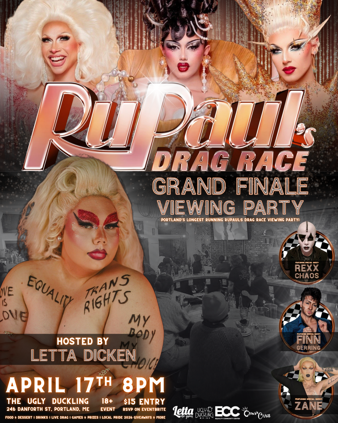 Poster advertising the RuPaul's Drag Race Grand Finale Viewing Party, featuring three drag queens in elaborate makeup and costumes, with event details such as date, time, location, host, and guest appearances.