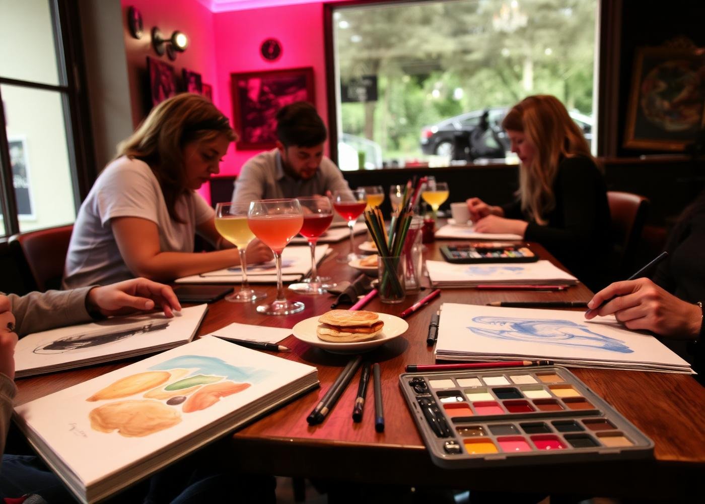 People sitting around a table painting watercolor art, with art supplies and drinks on the table, in a cozy cafe setting.