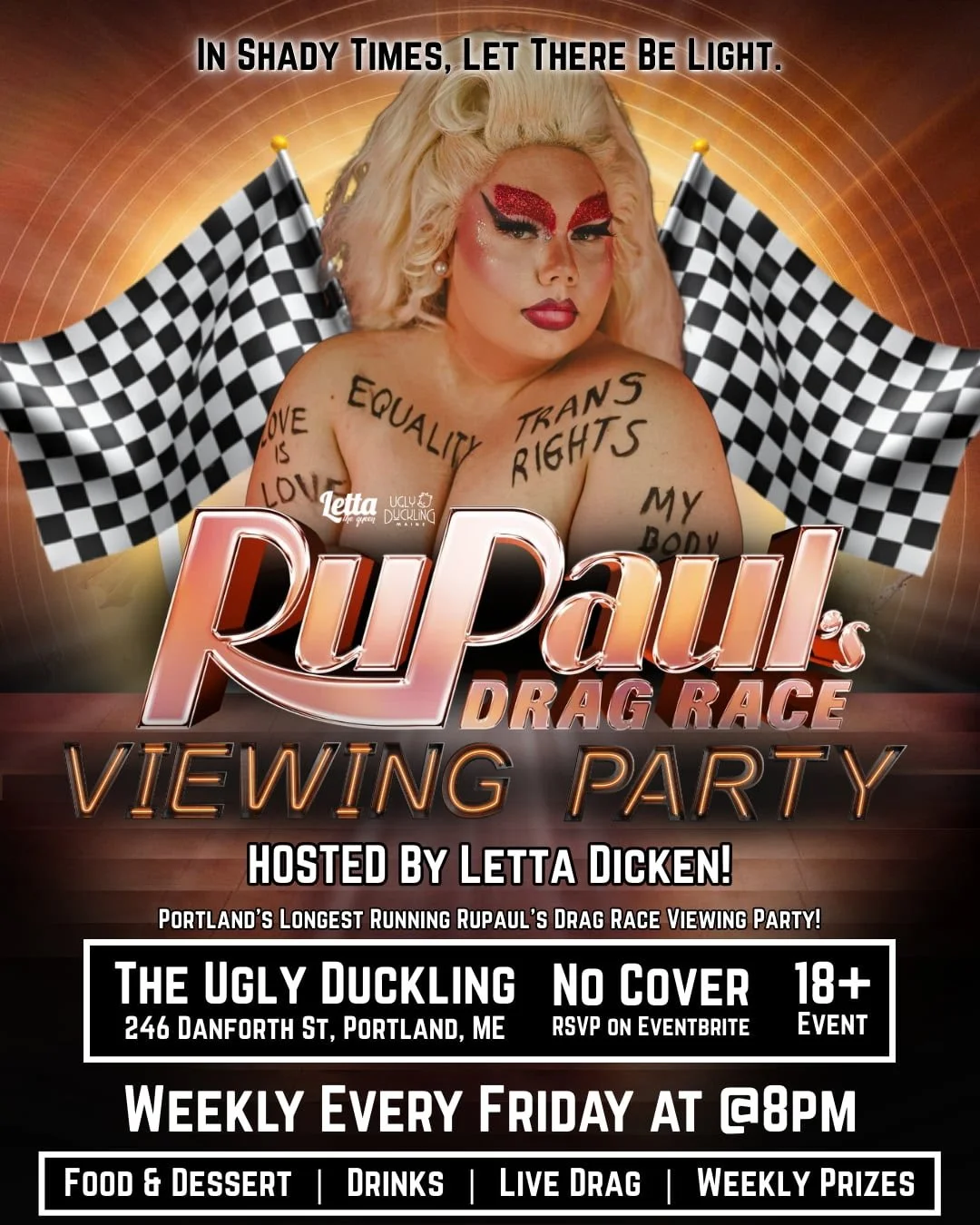 Poster for RuPaul's Drag Race viewing party hosted by Letta Dicken, featuring a person with platinum blonde hair, elaborate makeup, and tattoos with social justice messages. The poster has checkered flags, bold text, and details of the event in Portland, Oregon.