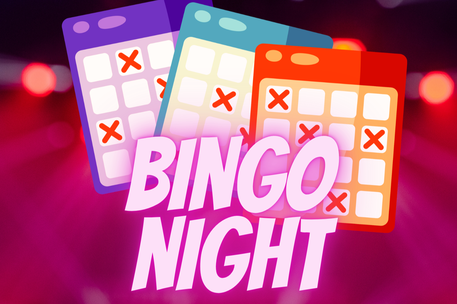Poster advertising BINGO NIGHT at Ugly Duckling, featuring three illustrated bingo cards with X marks, vibrant neon colors, event details including start time, doors opening, and celebration of music themes with women artists.