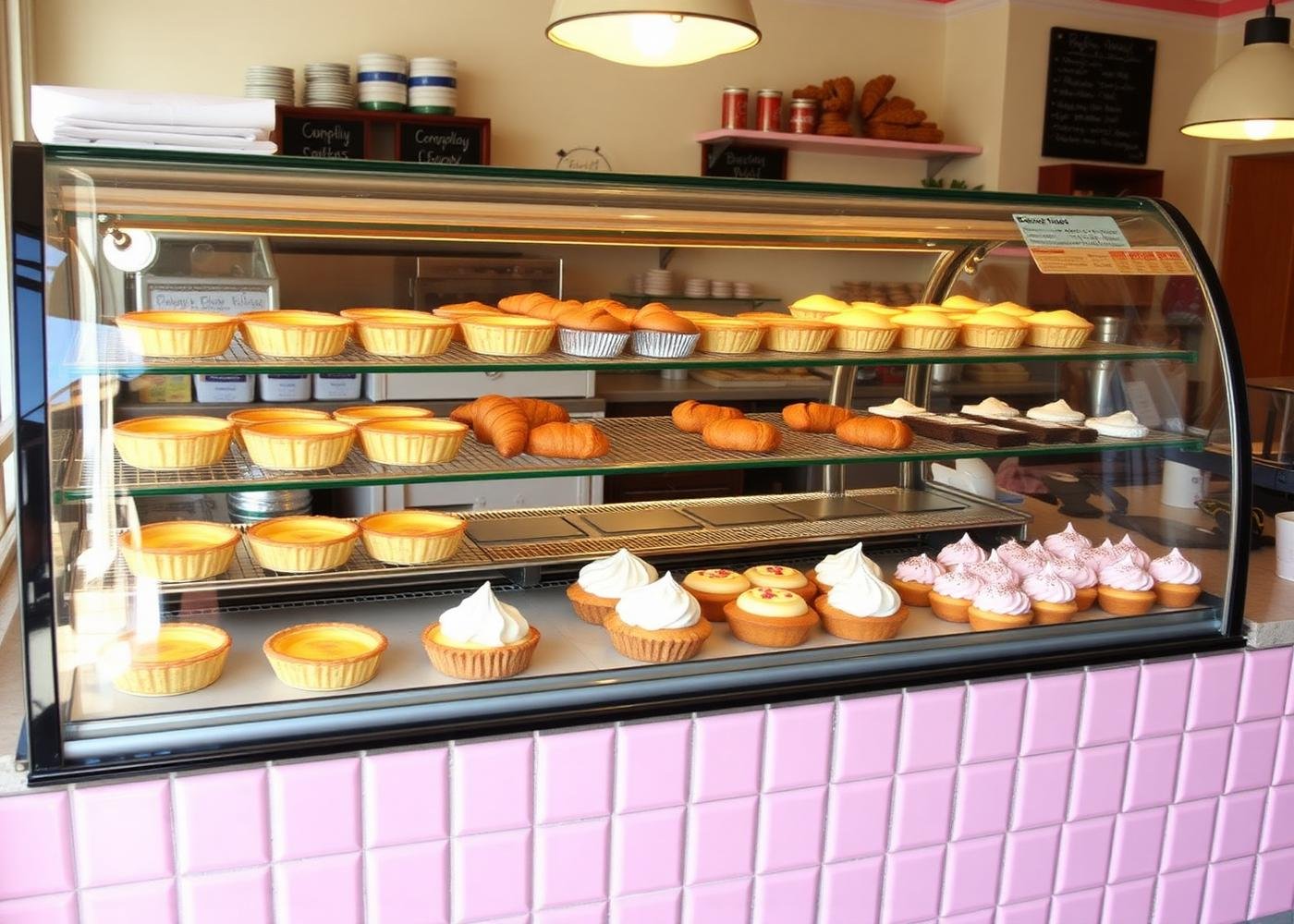 Display case with various baked goods including pies, croissants, and cupcakes in a bakery.