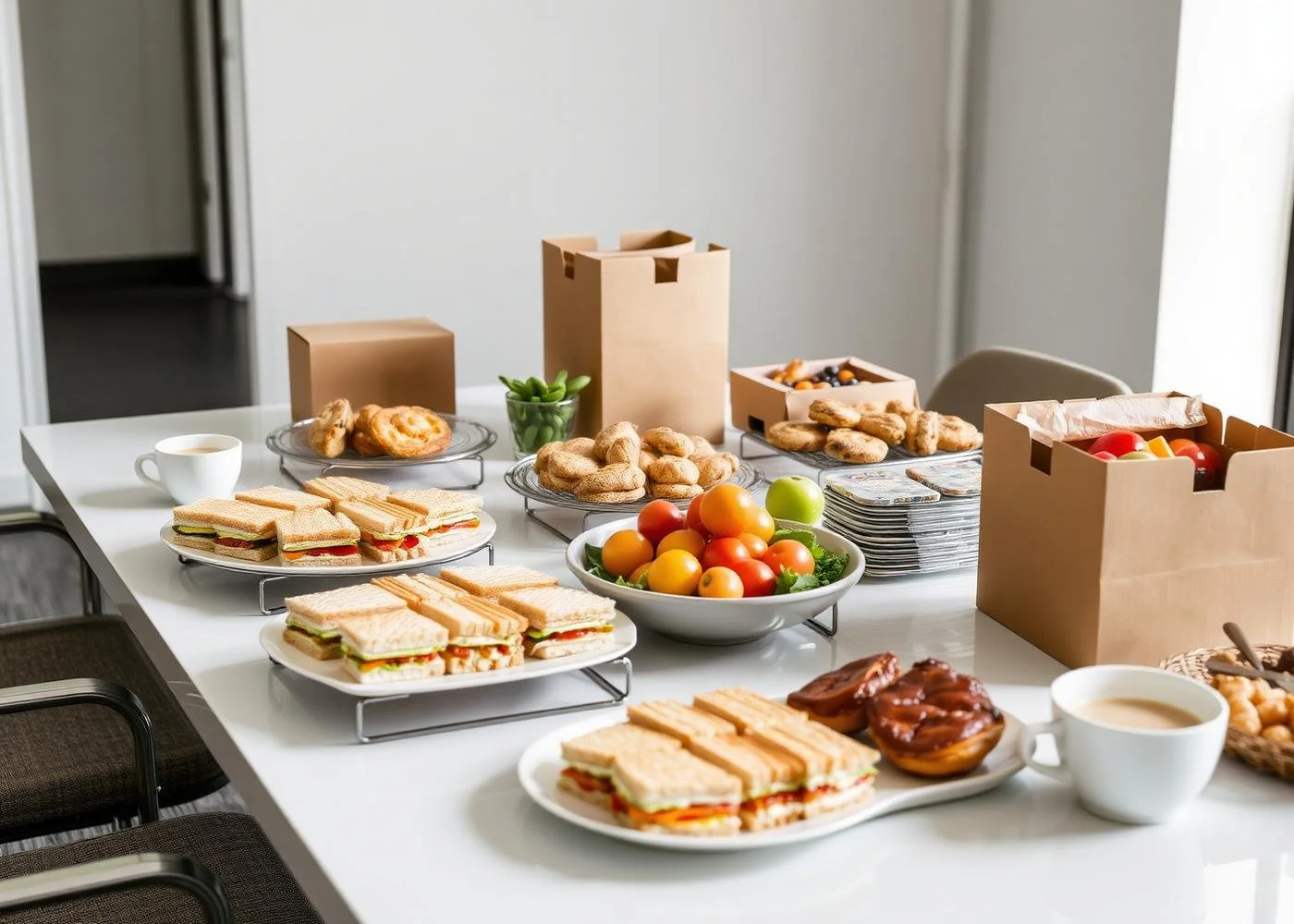 A table set with sandwiches, pastries, fresh fruit, and coffee, prepared for a meal or meeting.