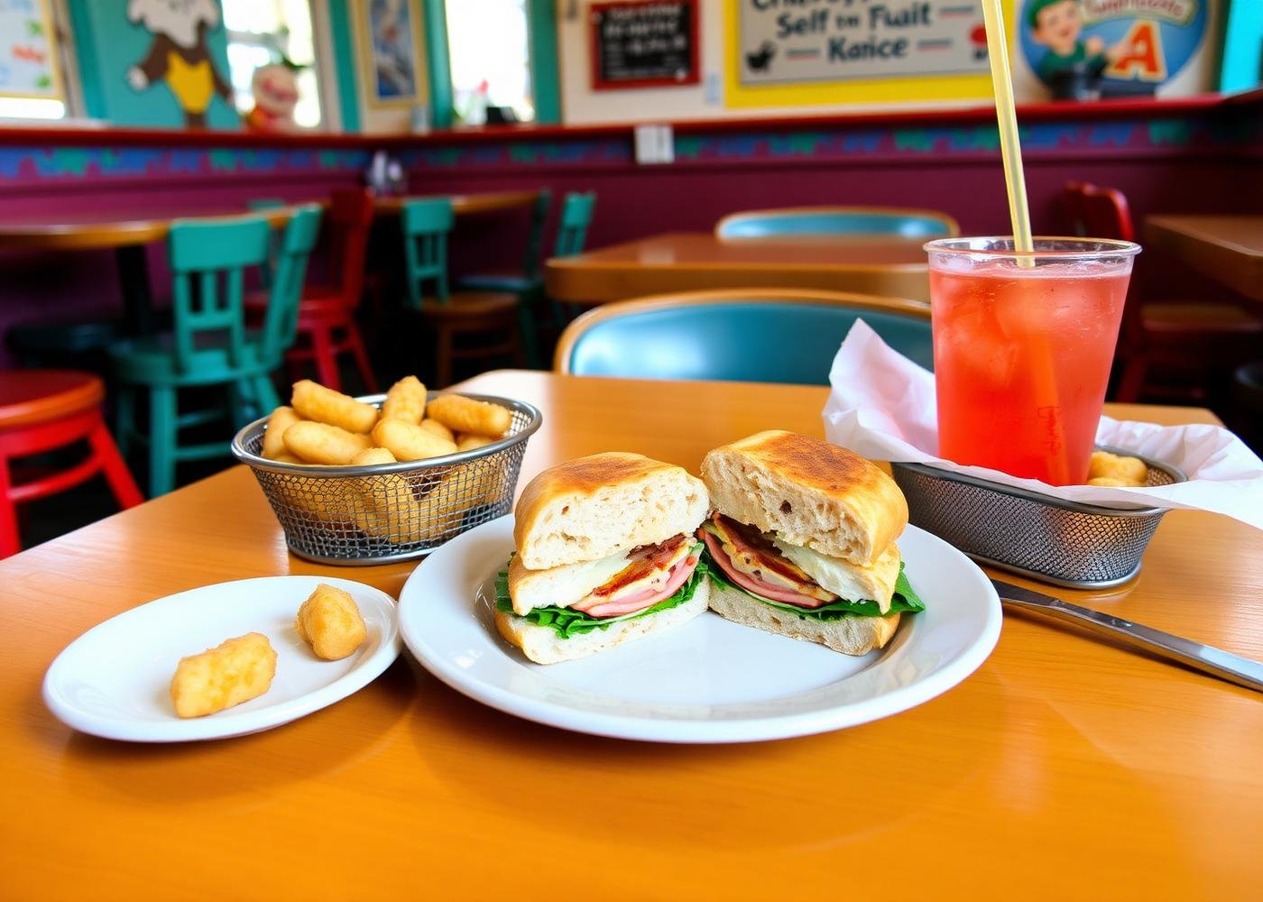 A restaurant table with a sandwich, fries, chicken nuggets, and a pink soda.