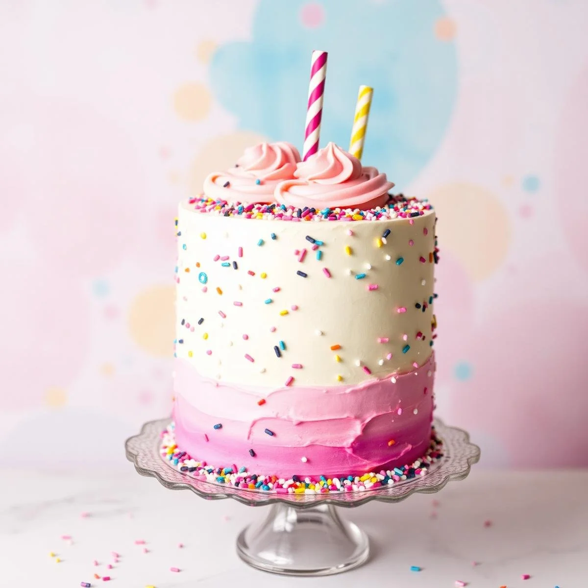 A two-layer birthday cake with white and pink frosting, colorful sprinkles, pink frosting on top, two pink and white striped candles, and pink icing on the bottom layer, on a glass cake stand with a pink background.