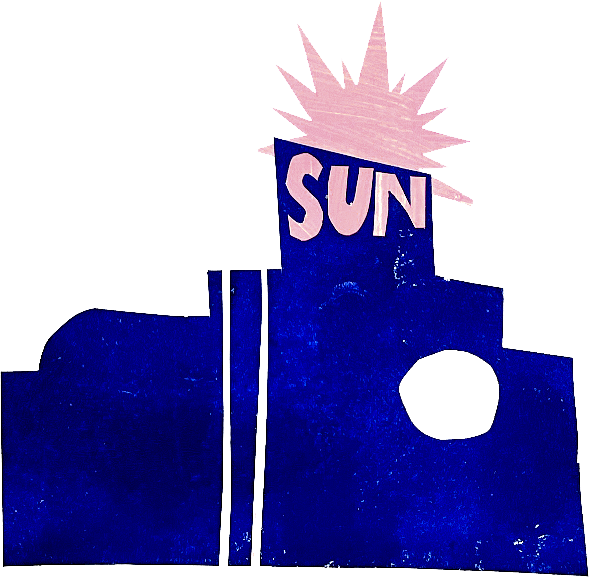 A vintage sign with a blue background, the word 'SUN' in pink letters, and a pink sunburst shape above it.