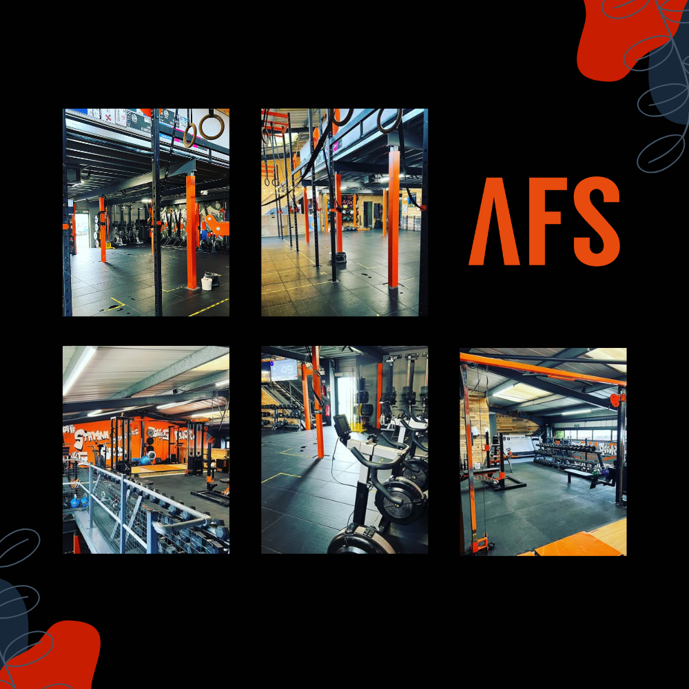 Six photos of a modern gym with exercise equipment, pull-up bars, weight racks, and cardio machines, with the acronym 'AFS' in bold orange letters on a black background.