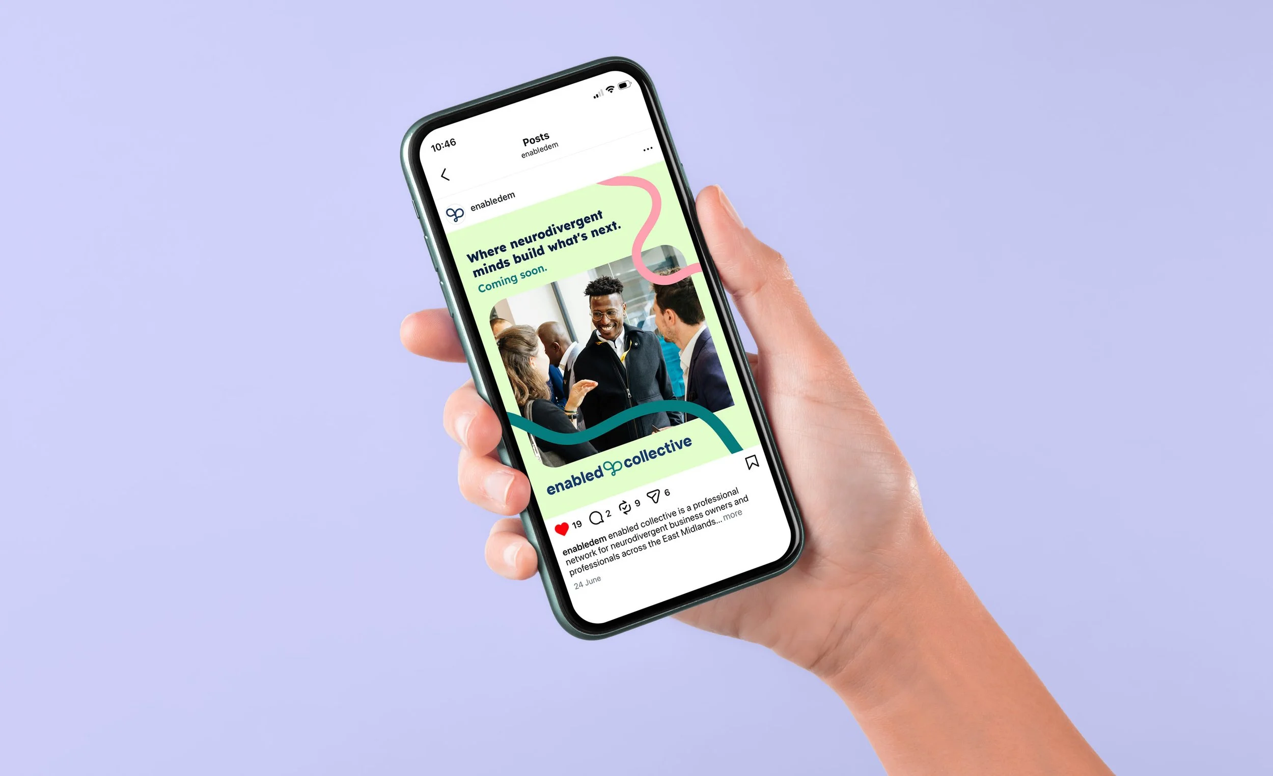 A hand holding an iphone with a mockup of a social media design for enabled collective