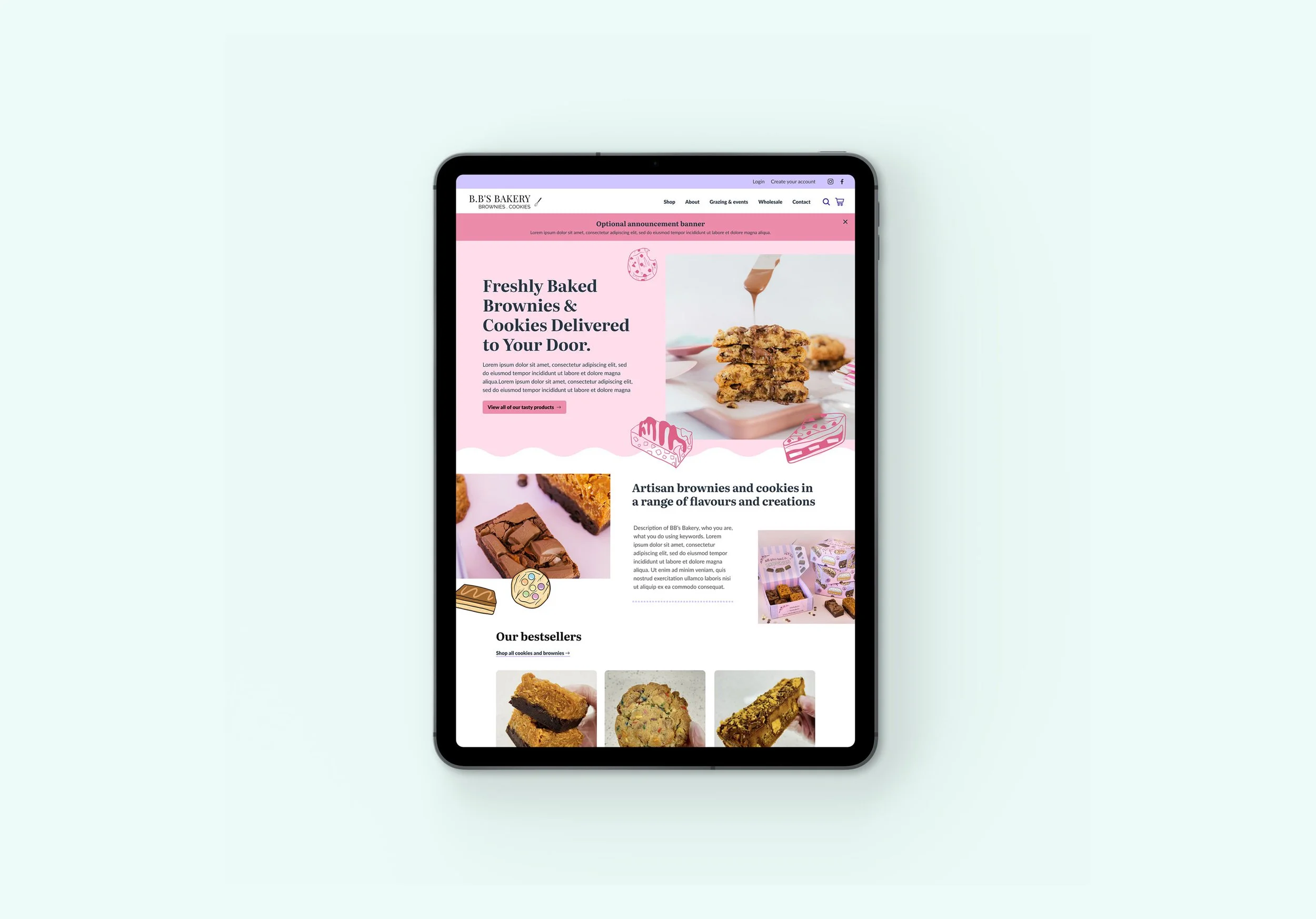 Mockup image of an ipad, showing the BB's Bakery homepage UI design