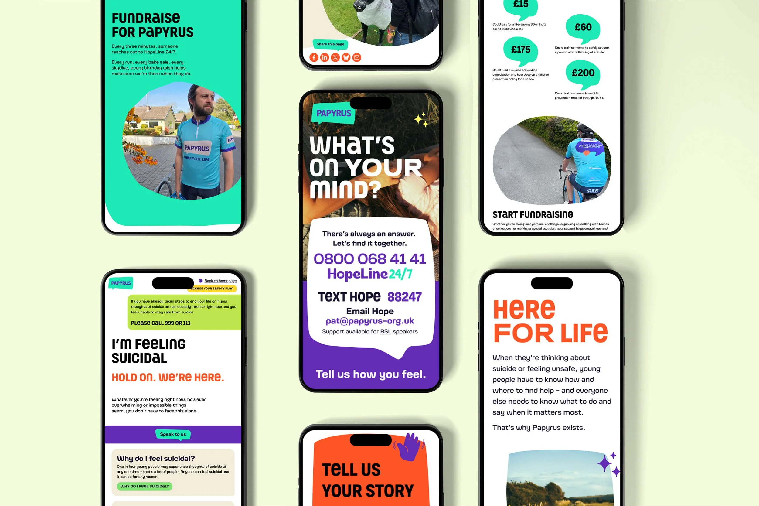 Mobile UI designs for the PAPYRUS website shown on multiple iphone screens
