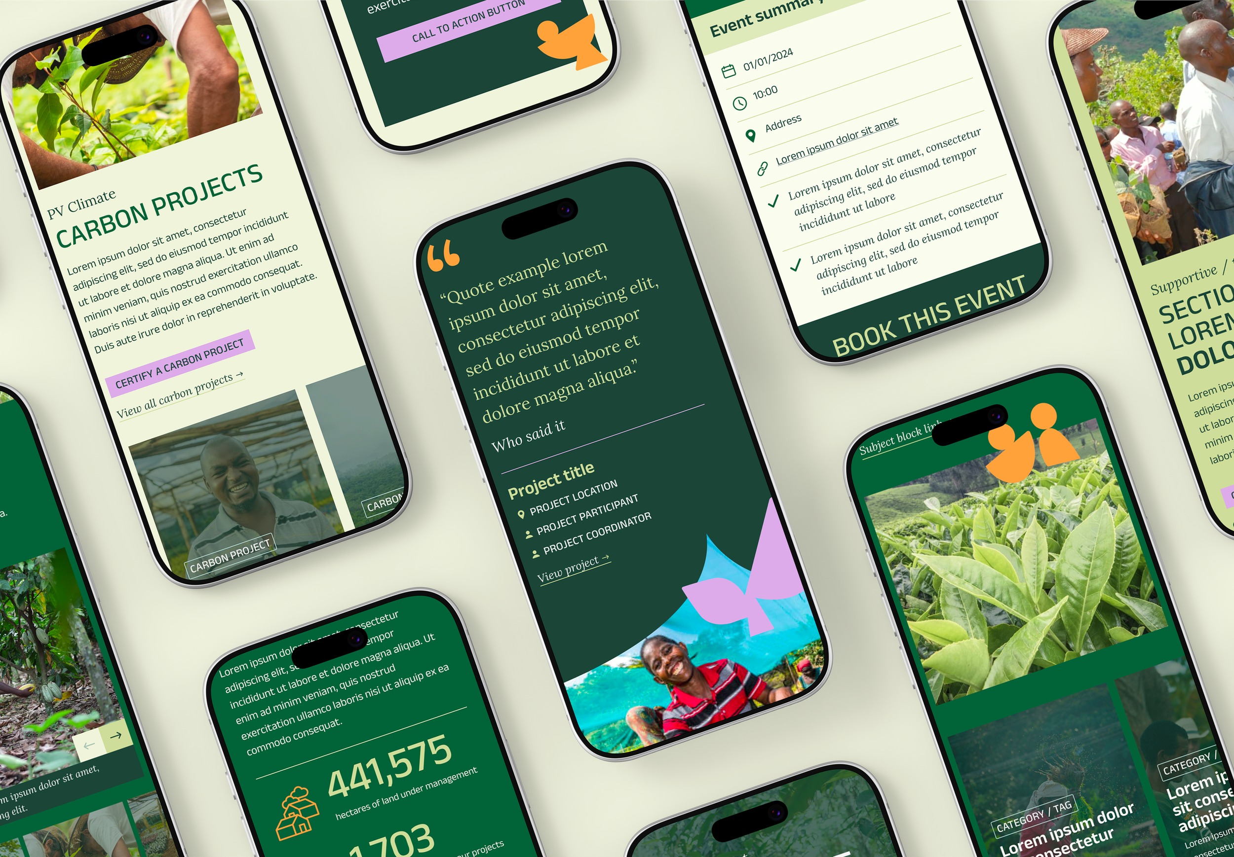 An image mockup showing multiple iphone screens with mobile Plan Vivo UI designs