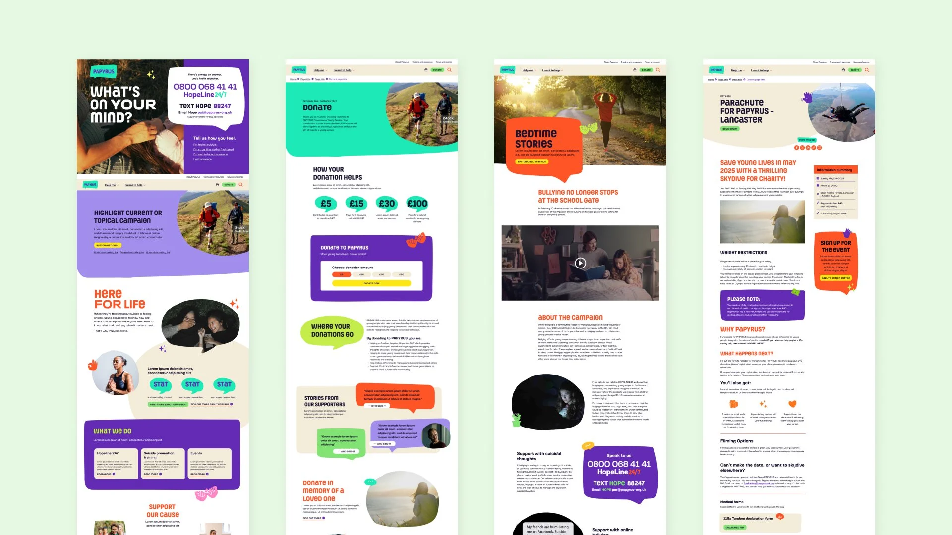 UI designs for the new PAPYRUS website showing 4 different page designs