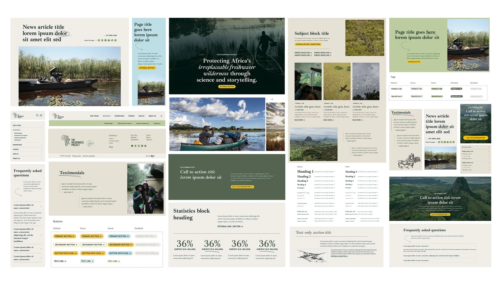 The Wilderness Project website design system showing different components and sections of the website design