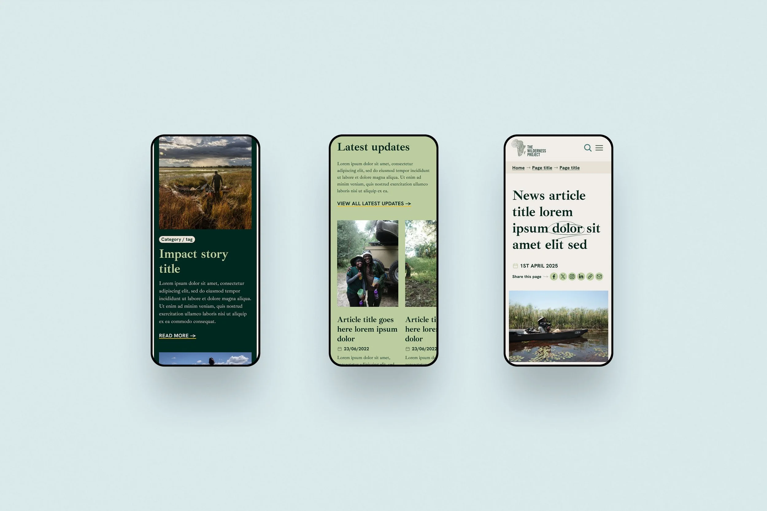 3 front facing iphones with mockup mobile web designs on the screen