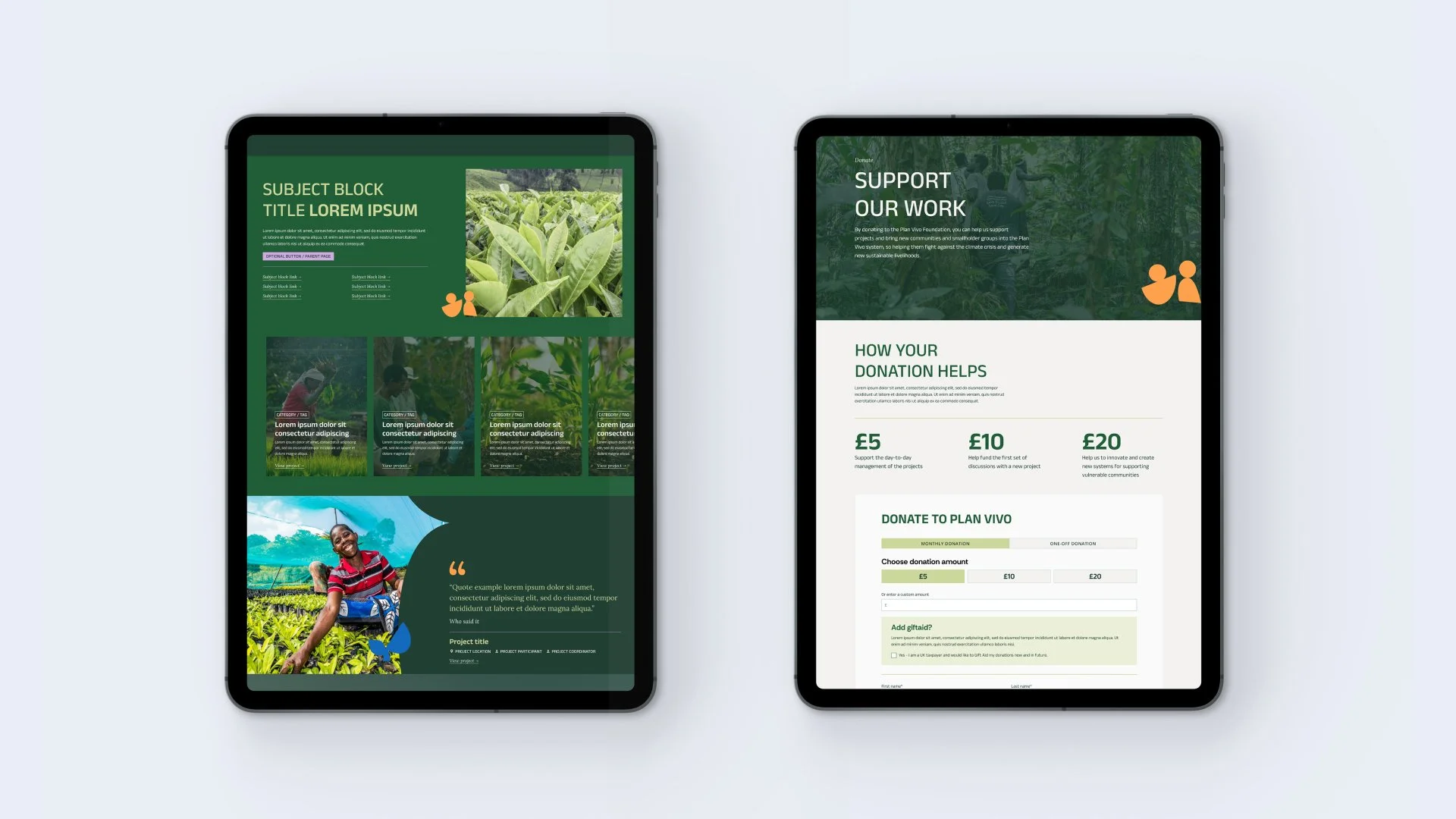 Two ipad screens show different layout designs for the Plan Vivo website