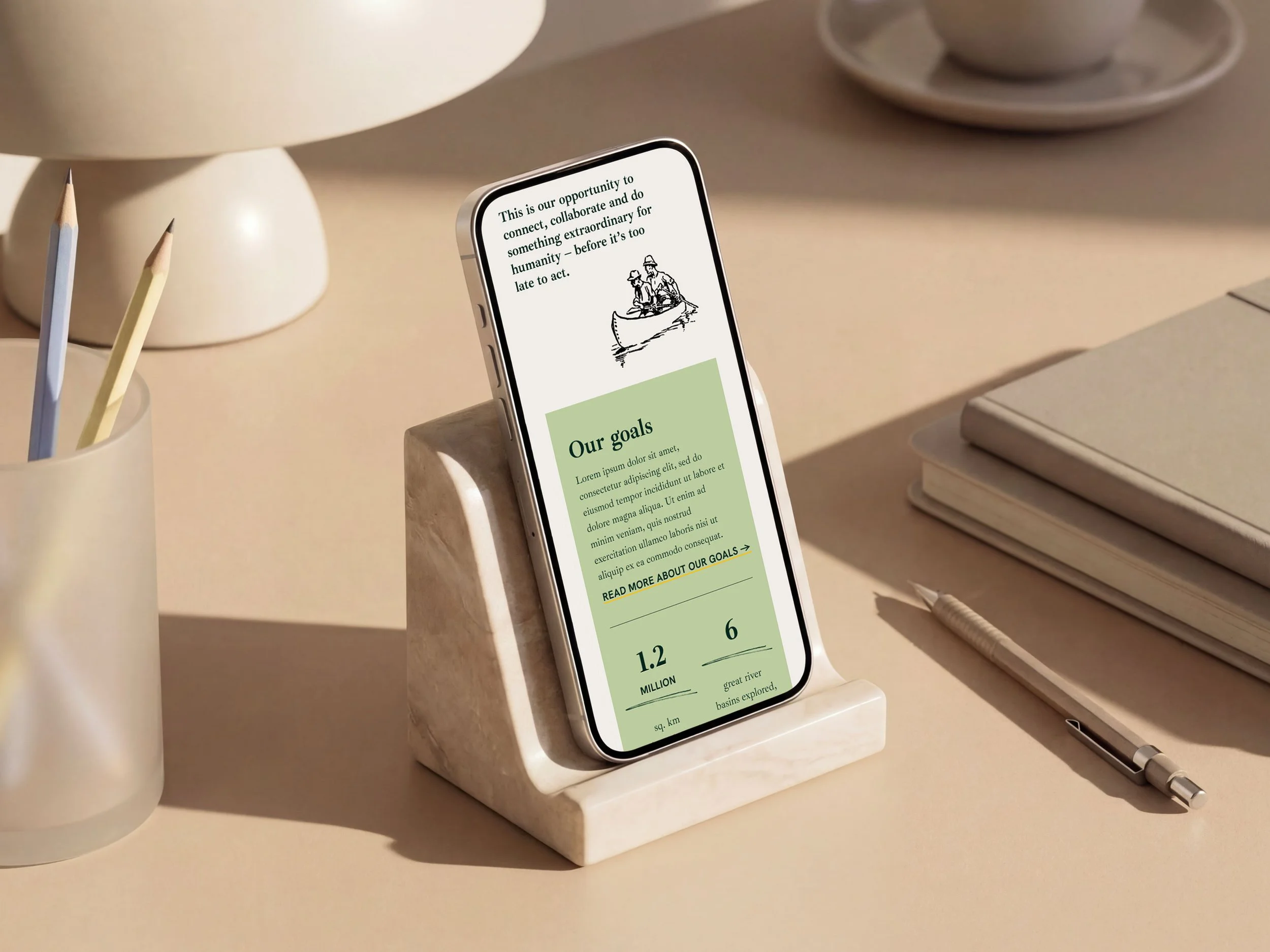 An iphone in a stand, on a desk, with a mockup mobile website design on the screen