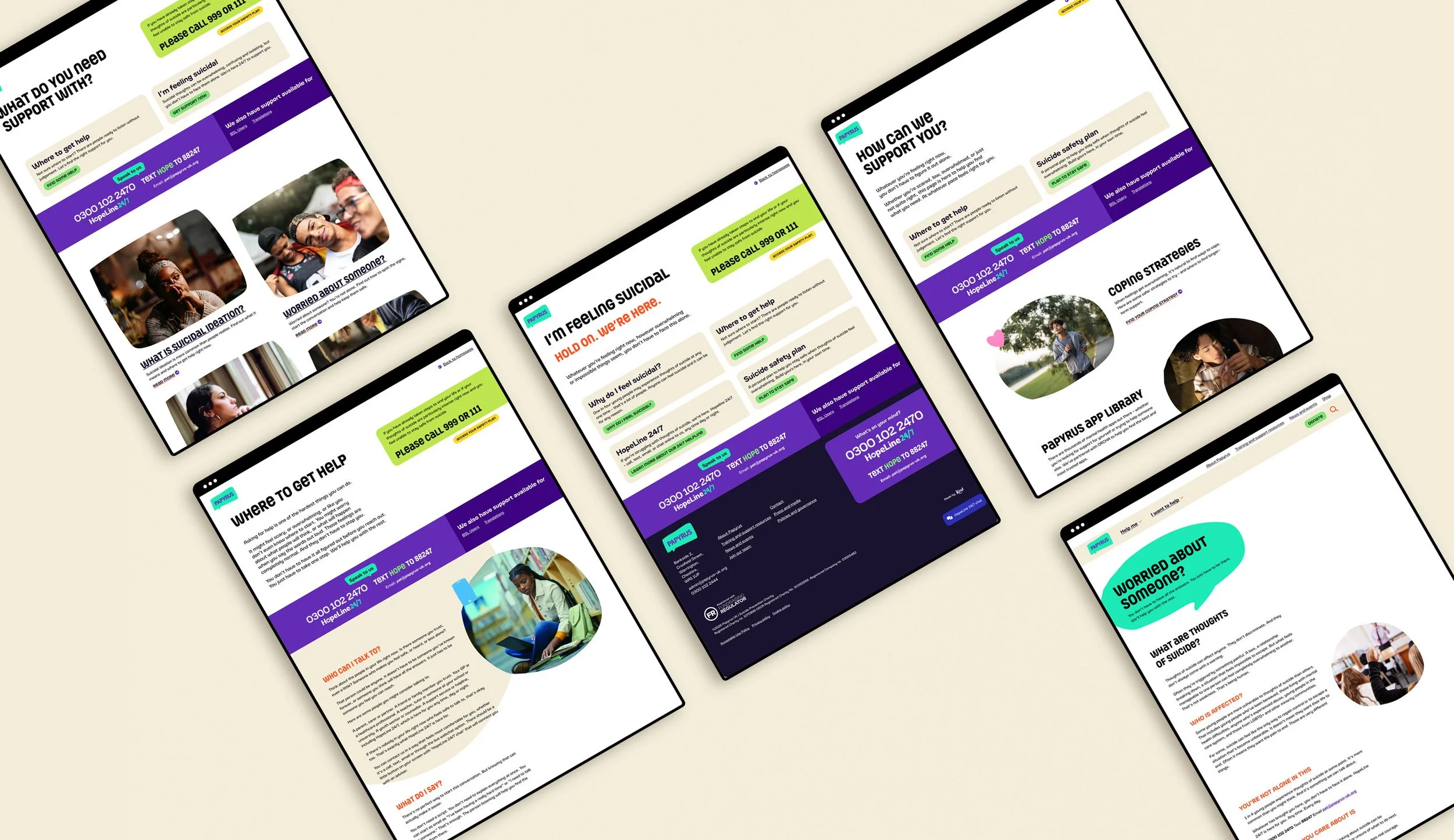 5 ipad mockup screens with UI designs for PAPYRUS website crisis pages, providing support for young people at risk