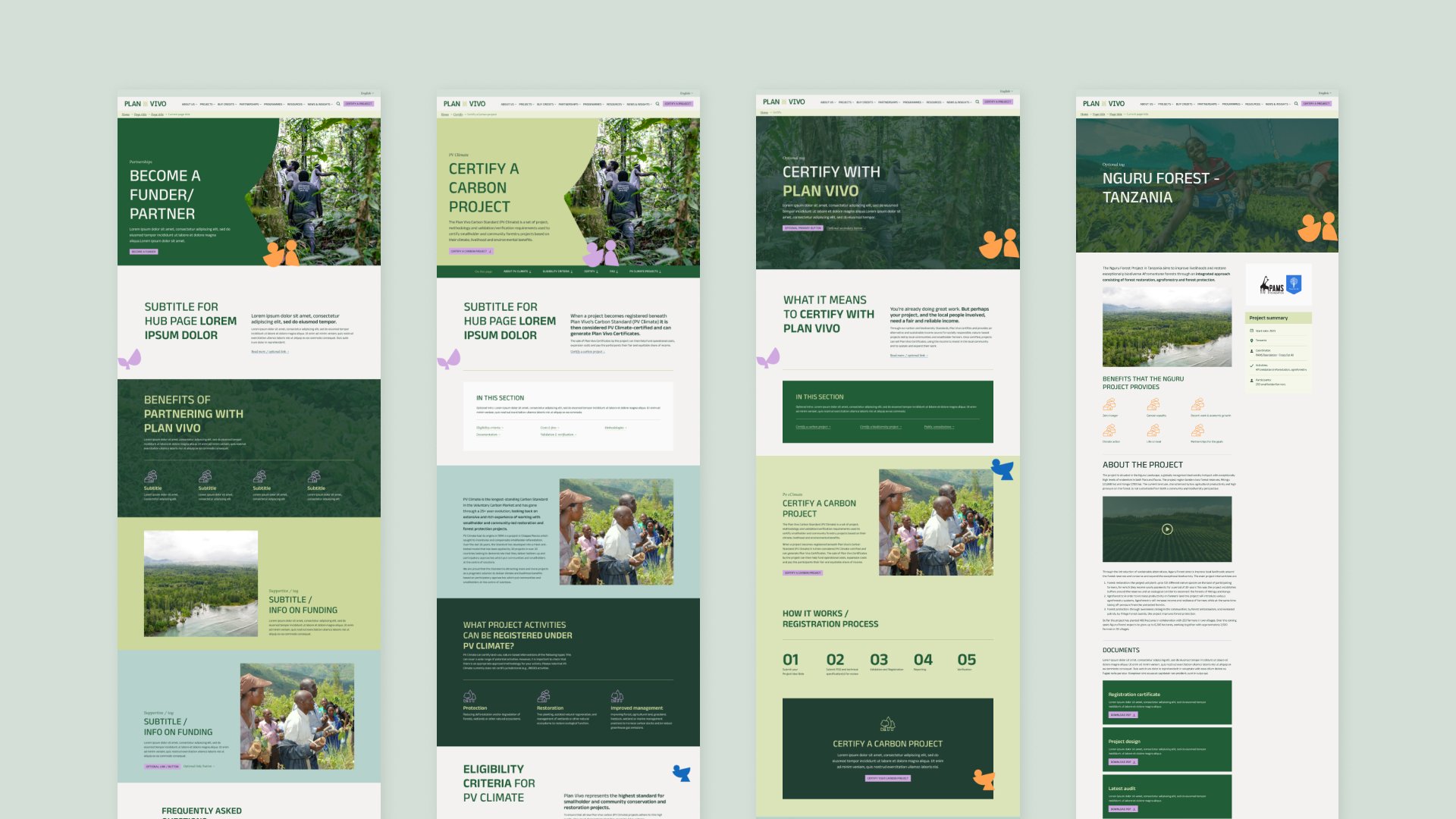 An image graphic showing 4 desktop page designs for the new Plan Vivo website