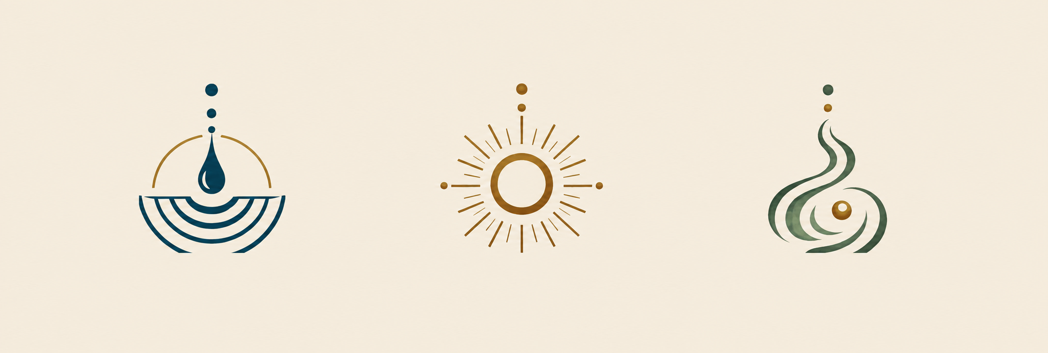Three stylised symbols representing water, the sun and flowing energy, in blue, gold and green.
