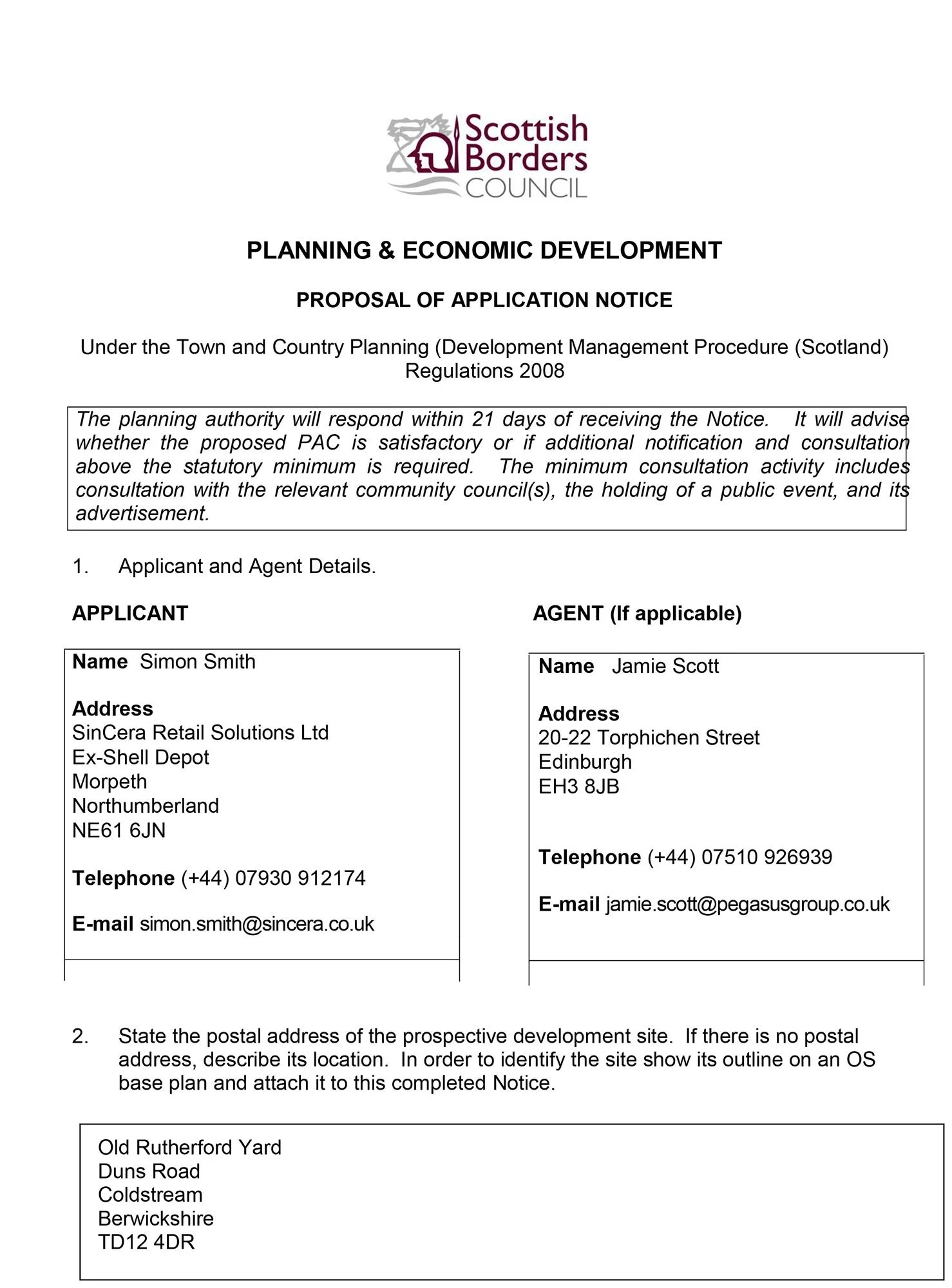 Coldstream Application Duns Road: Coldstream Development — Sincera Retail Solutions